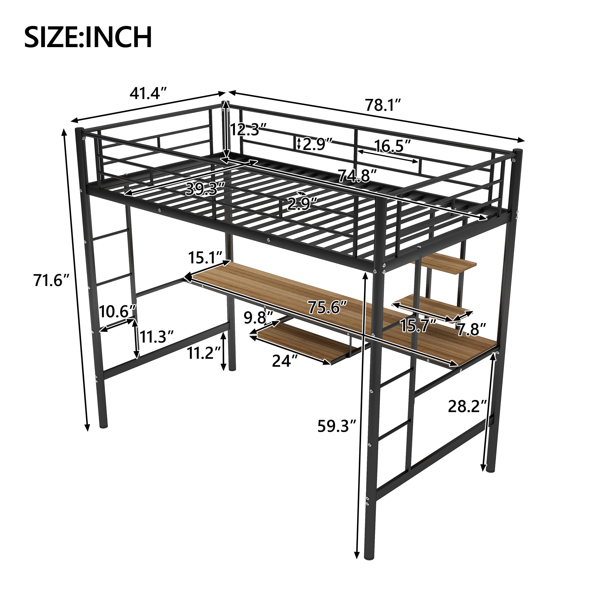 Merax Twin Size Metal Loft Bed with Long Desk & Keyboard Holder - Space-Saving Study Bed with 2 MDF Shelves, Full Guardrail & Ladder - Perfect for Small Rooms, Dorms & Home Offices (Black)