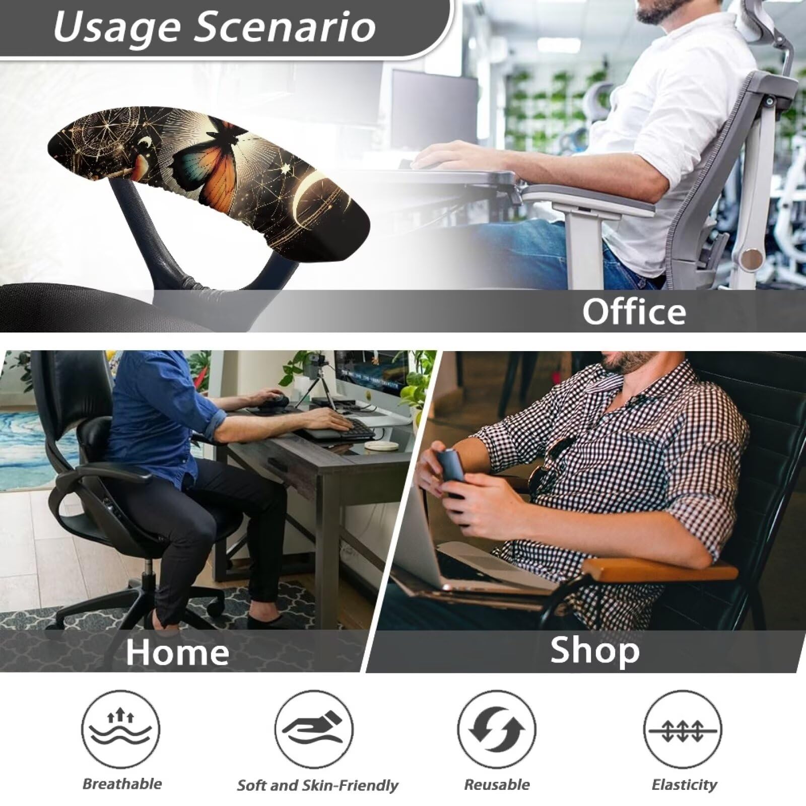 Butterfly Moon Print Office Chair Armrest Covers - Stretchy Soft Set of 2, Washable & Removable Arm Protectors for Computer Desk Chairs - Perfect for Home Office, Gaming & Workspace Comfort