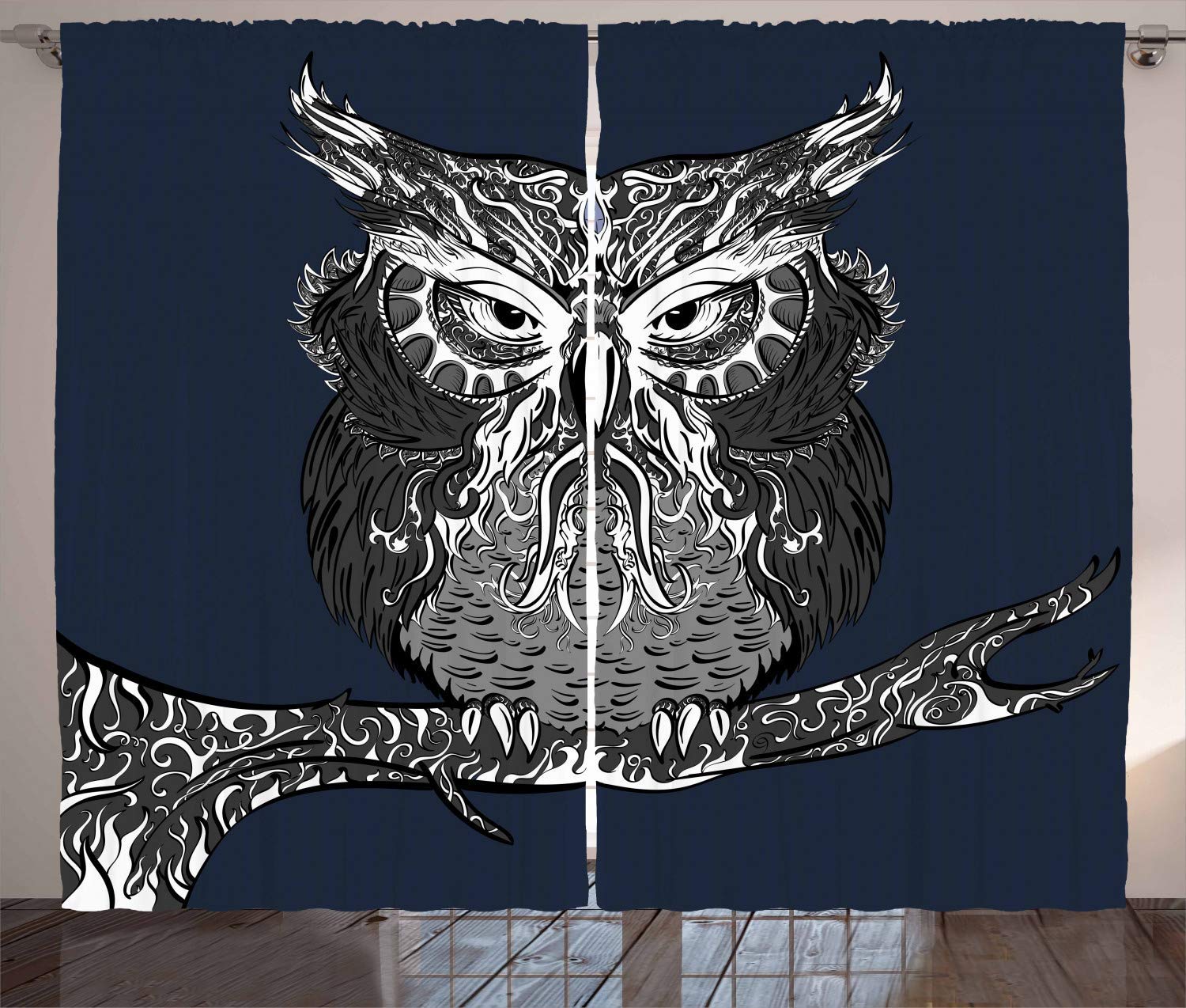 Owl Print Blackout Curtains - Vintage Style Bedroom Window Drapes with Wisdom Creature Design, 2 Panel Set (104