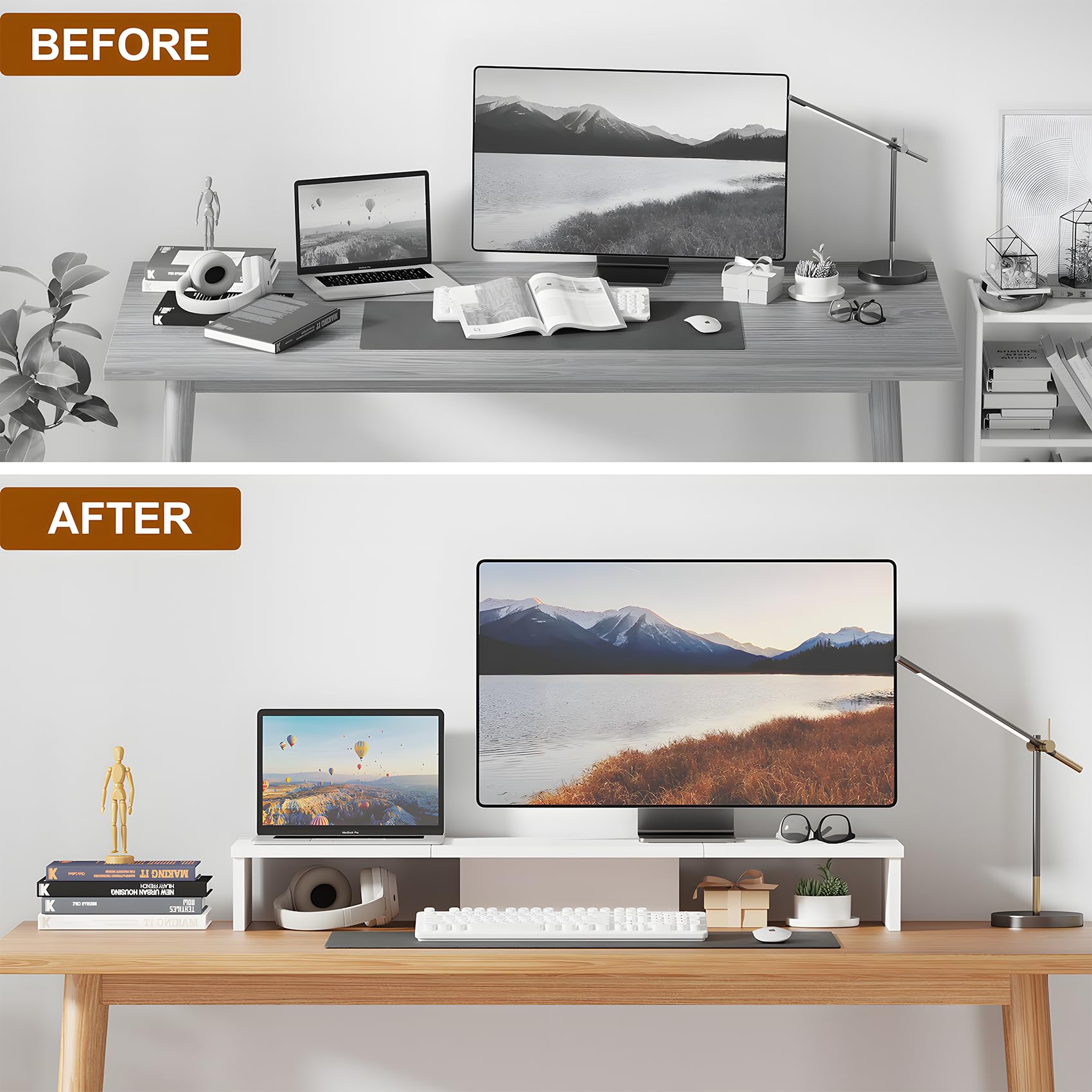 Dual Monitor Stand Riser for 2 Monitors - Large Adjustable Desk Shelf Organizer for Computer, Printer, TV - Perfect for Home Office & Gaming Setup (White)