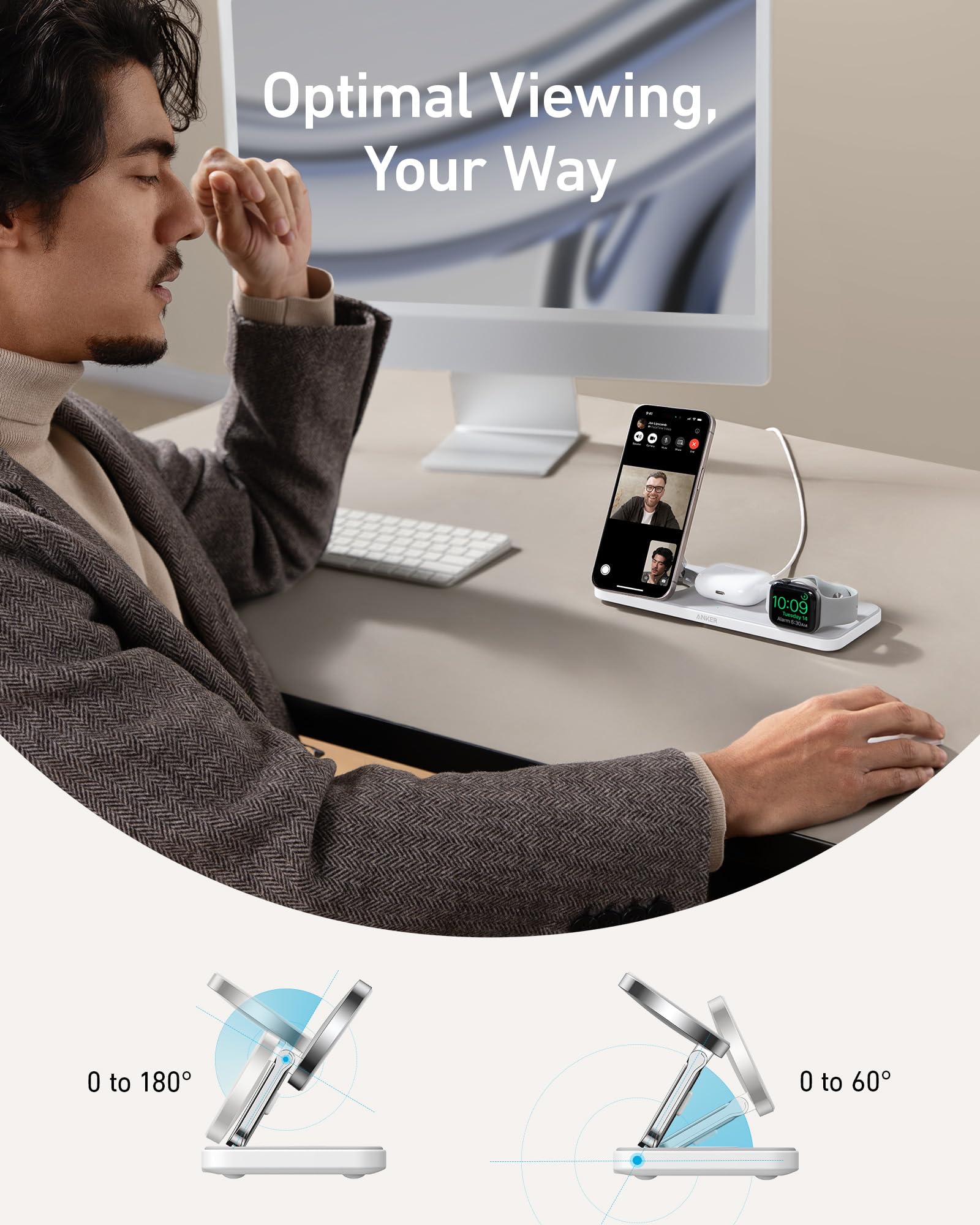 Anker 3-in-1 Foldable Wireless Charging Station for iPhone 16/15/14 Series | Qi2 Certified 15W Fast Charger with MagSafe | Compatible with AirPods & Apple Watch | Includes USB-C Adapter | Perfect for Home, Office & Travel Charging Needs
