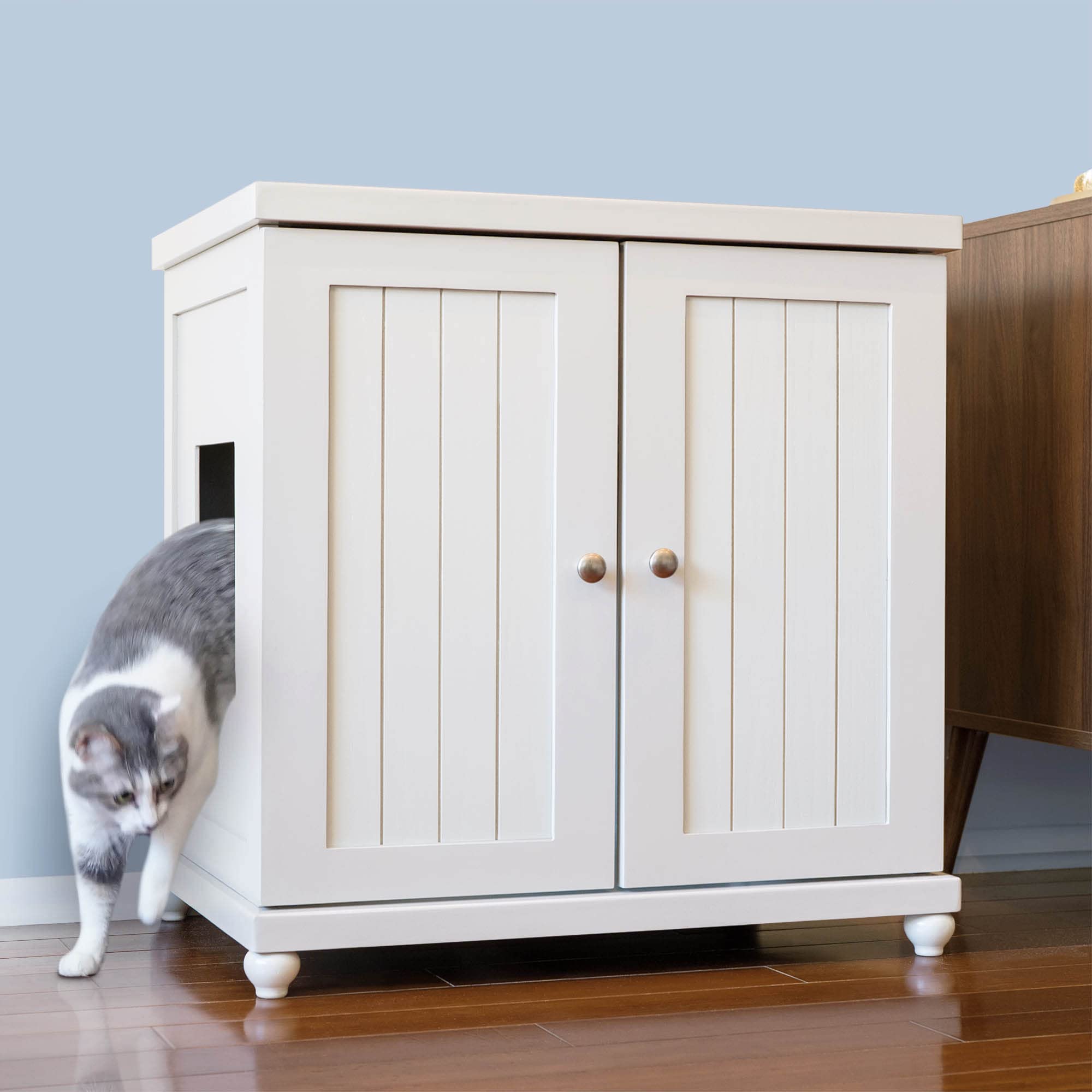 Premium White Cat Litter Box Enclosure Cabinet with Tulip Feet - Hidden Litter Furniture with Drawer for Large Cats | Modern Cottage Style Pet Furniture for Home, Apartment & Office Use