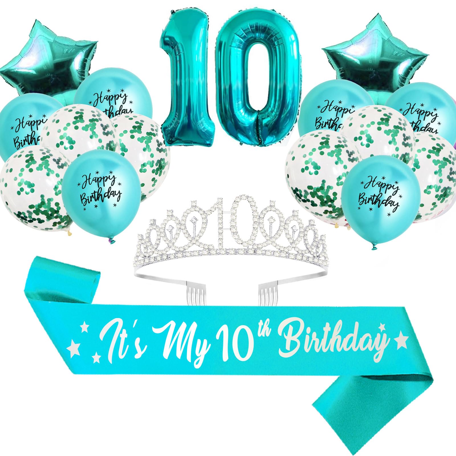 10th Birthday Party Decorations for Girls - Teal Glitter Birthday Sash, Silver '10' Crown, Foil Balloons Set with Number 10 & Stars, Happy Birthday Latex Balloons - Perfect for Princess Themed Parties, Birthday Photos & Milestone Celebrations