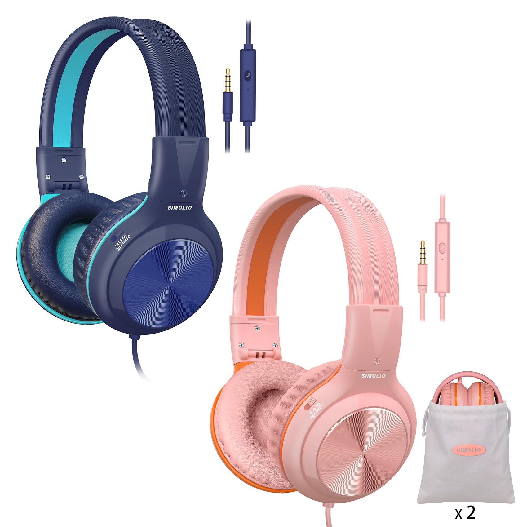 SIMOLIO 2 Pack Wired Headphones with Microphone - Foldable Over Ear Headset for Teens (Volume Limited & 3.5mm Aux) - Compatible with Cellphone, Tablet, PC, Chromebook - Perfect for School, Travel & Gifts