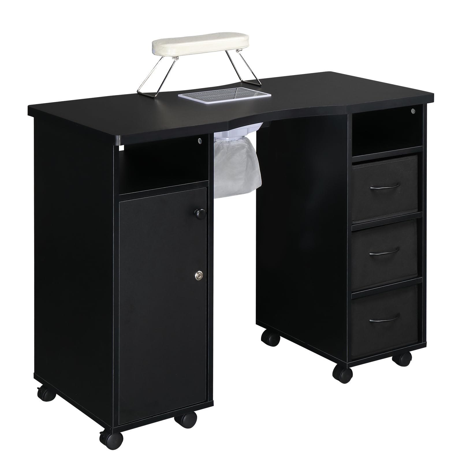 Professional Manicure Table with 4 Drawers & 2 Cabinets - Lockable Wheels Nail Tech Desk for Beauty Salon & Home Use - Perfect for Nail Artists, Spa Professionals & DIY Enthusiasts (Black)