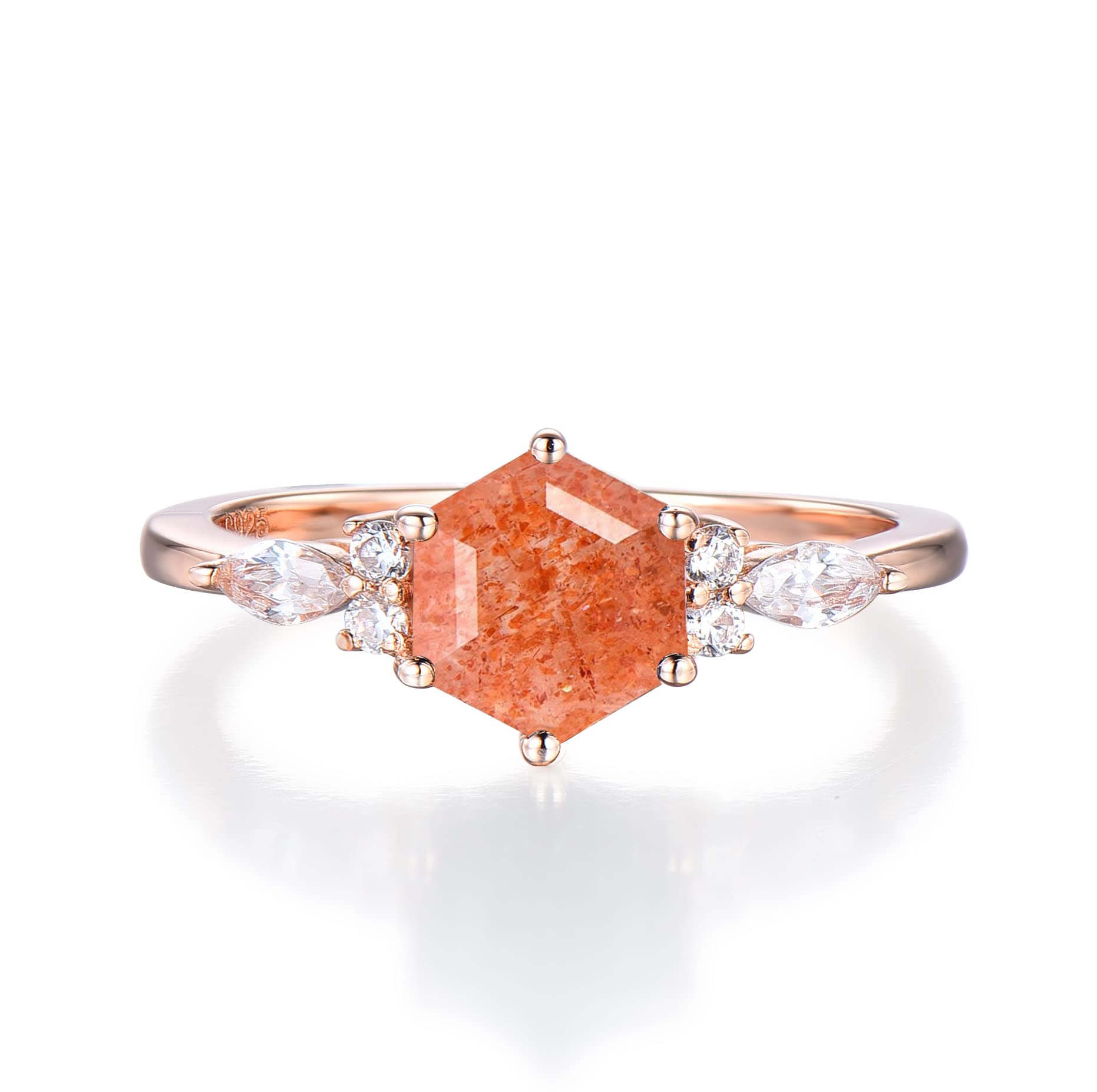 Genuine Sterling Silver Hexagon Cut Sunstone Ring with Rose Gold Cluster - Orange Stone Engagement Ring for Women, Size 4-10 - Perfect for Birthdays, Anniversaries & Special Occasions - Comes with Gift Box