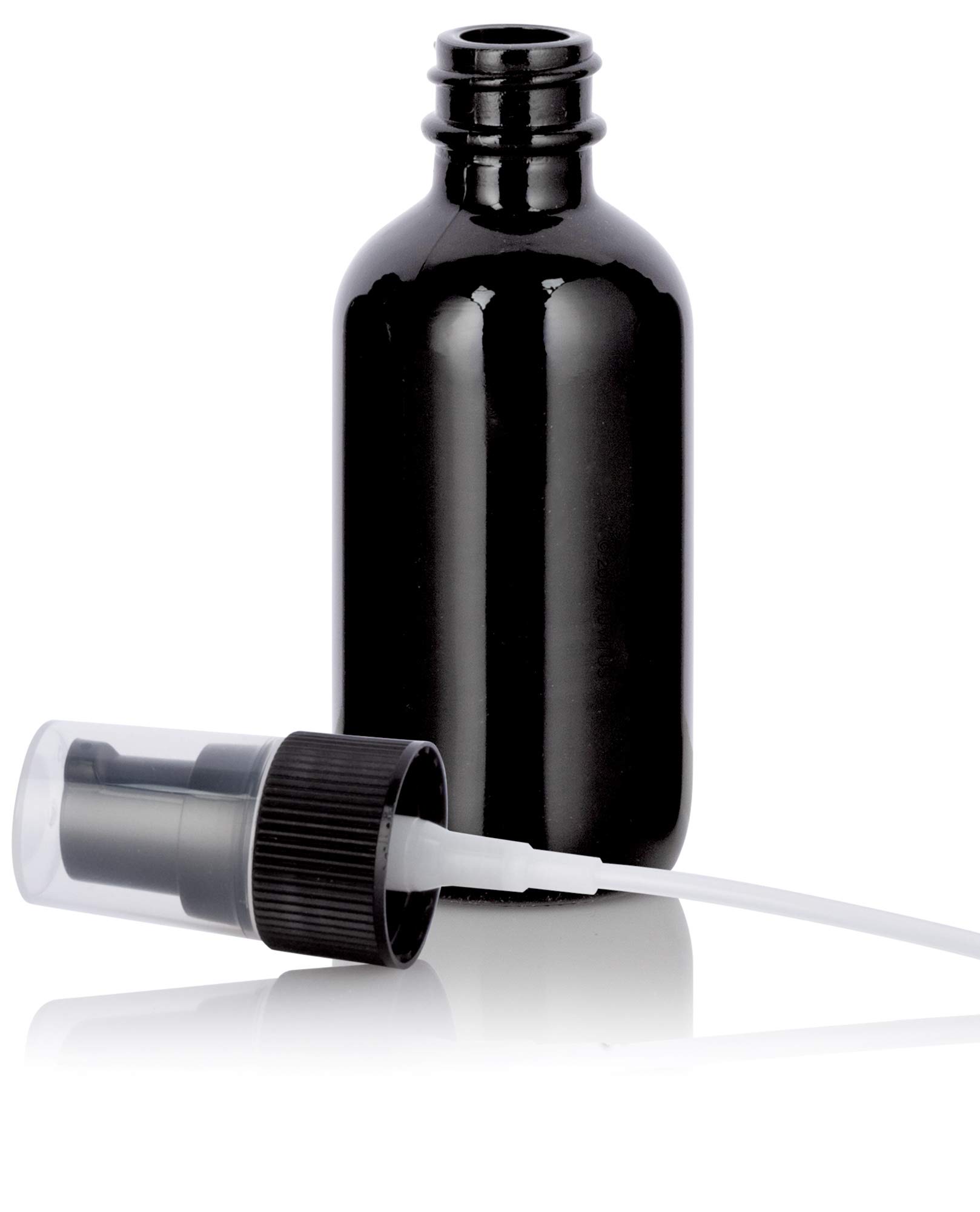 Premium 2 oz Black Glass Boston Round Bottles with Black Treatment Pump (12 Pack) - Luxury Essential Oil & Perfume Bottles for DIY, Travel, Gifting & Home Organization