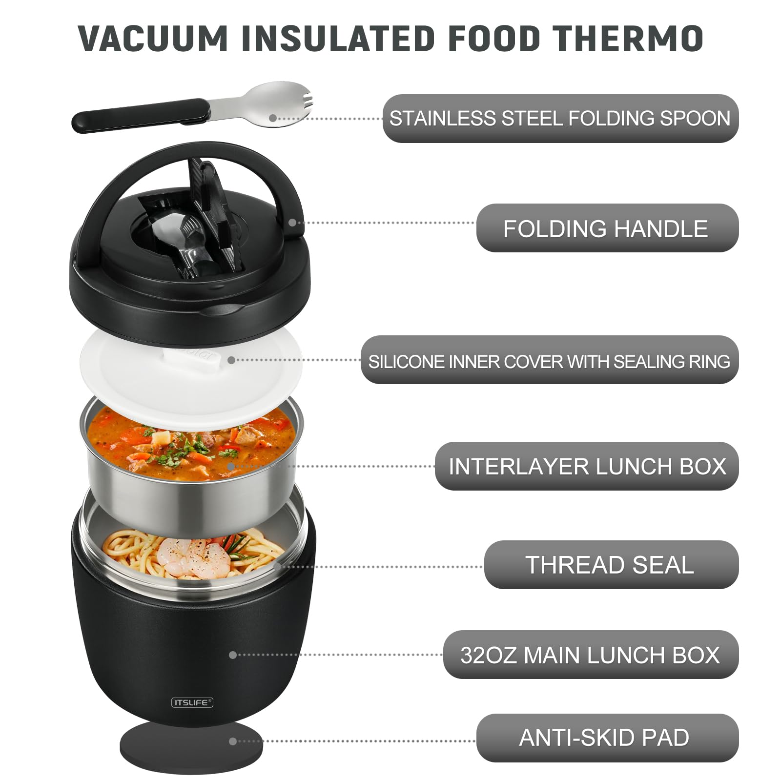 32OZ Vacuum Insulated Stainless Steel Thermos for Hot Soup & Food - Wide Mouth Leakproof Lunch Container with Spoon - Perfect for Office, Picnics & Travel (Black)