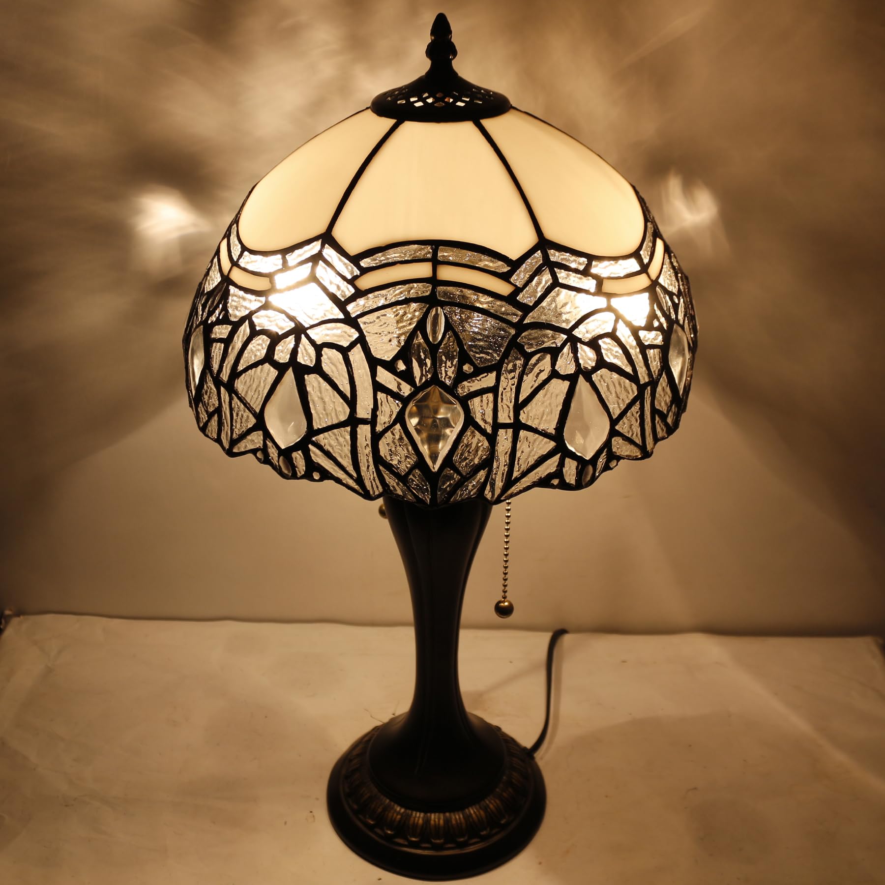 WERFACTORY Tiffany Lamp - White Bent Stained Glass Crystal Table Lamp with 12X12X22 Inches for Bedside, Desk & Reading | Elegant Home Decor for Bedroom, Living Room & Office (S508W Series)