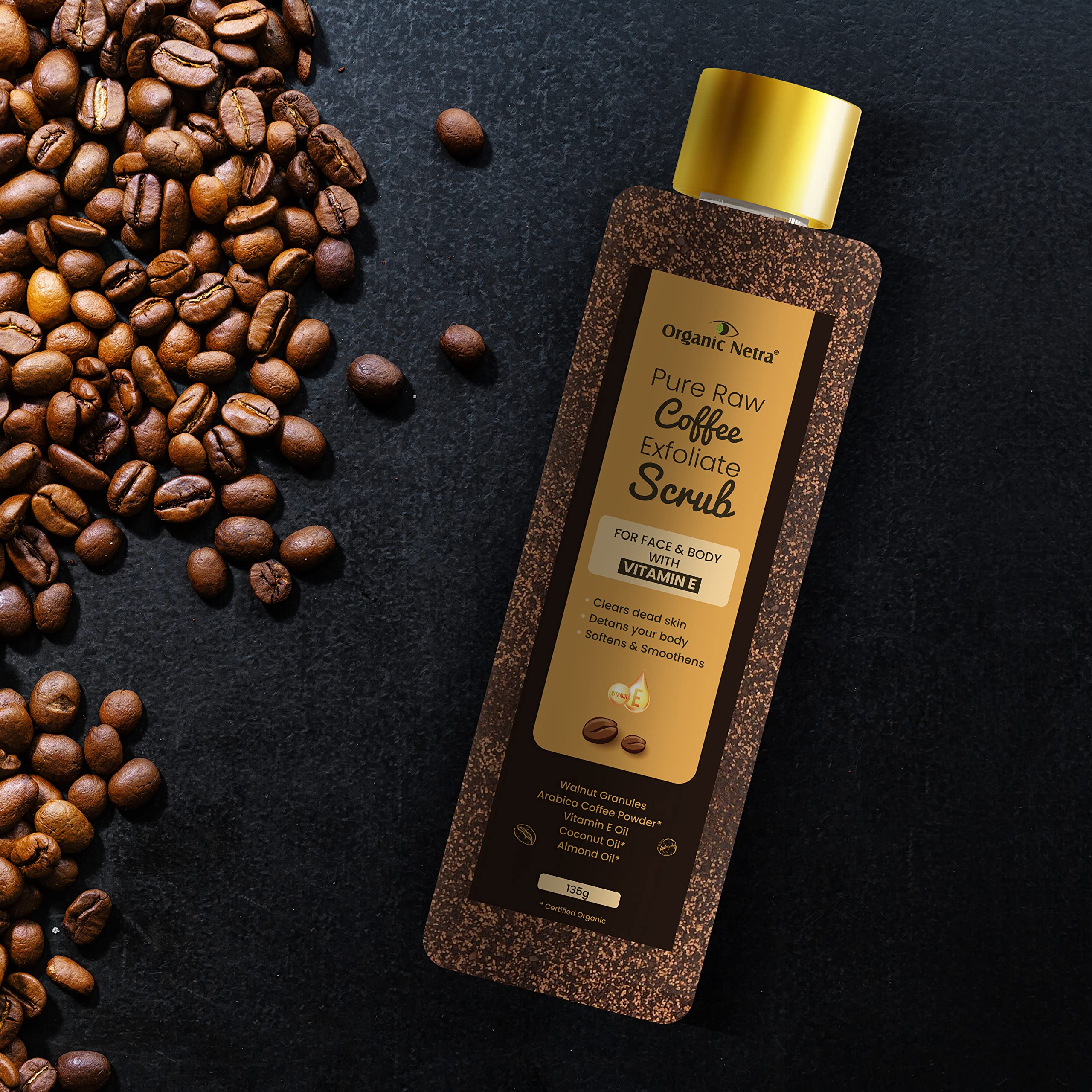 Organic Netra Pure Raw Coffee Face & Body Scrub with Vitamin E - Deep Hydration & Moisture | Natural & Organic Ingredients, Paraben-Free - 135g (Pack of 1) | Exfoliating & Revitalizing for Glowing Skin - Perfect for Daily Skincare Routine & Spa Treatment at Home