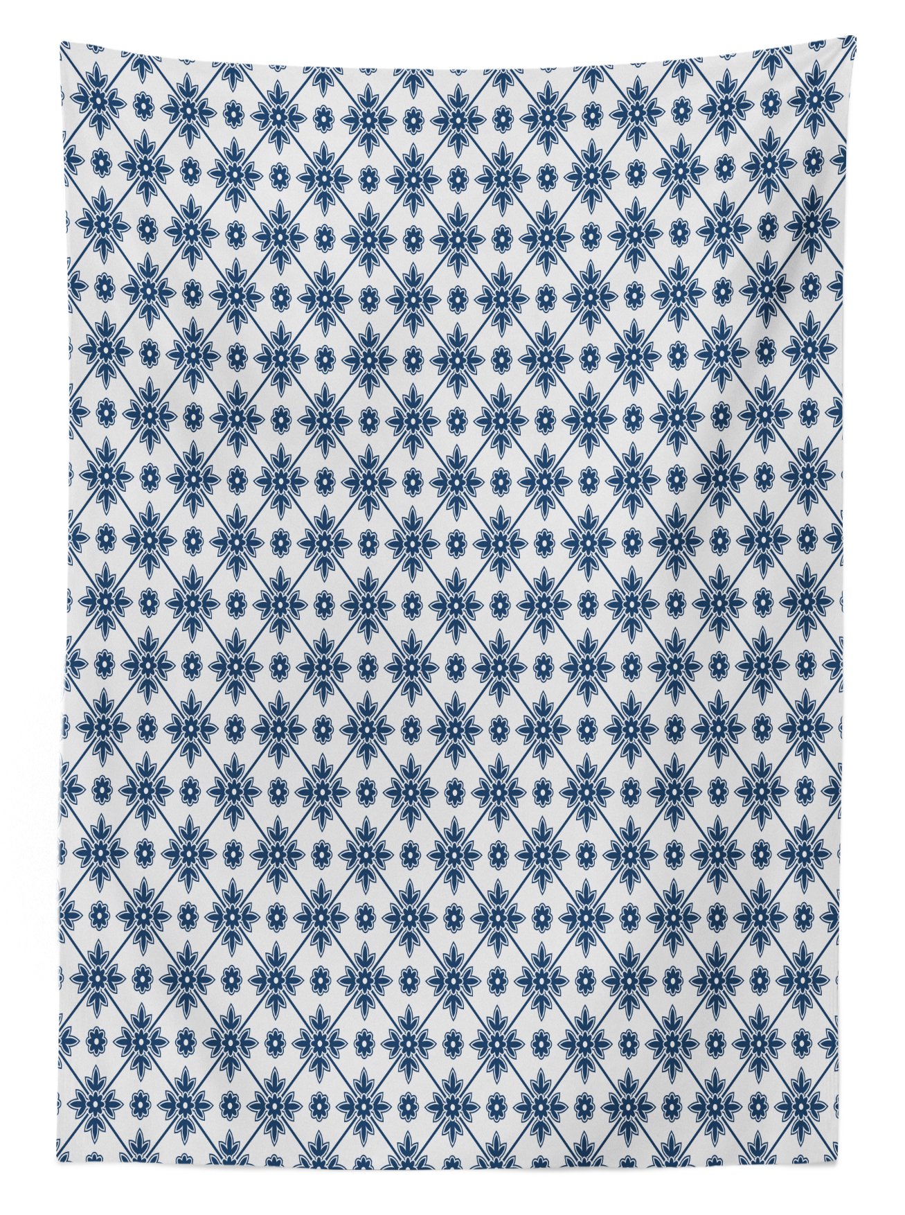 Ambesonne Dutch Floral Outdoor Tablecloth - Blooming Rhombus Design, Historical Delft Style, Washable Picnic Table Cover 58x120 Inches, Dark Blue & White - Perfect for Garden Parties, BBQs, and Outdoor Dining