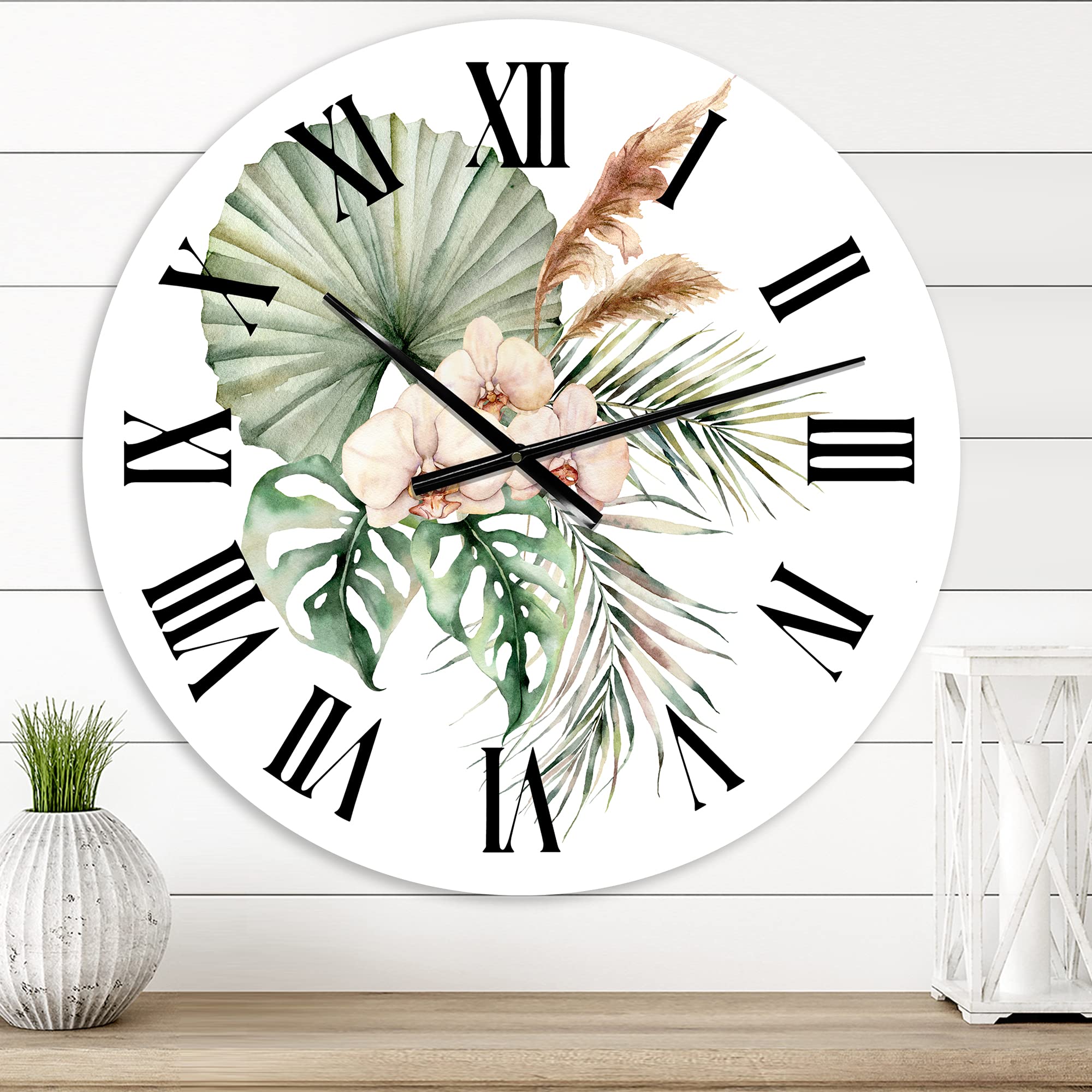 DesignQ Traditional Wall Clock - Tropical Bouquet with Orchids & Palm Leaves - Large Floral Botanical Wall Clock for Living Room, Bedroom, Office Decor - Perfect for Home, Office & Gift Giving