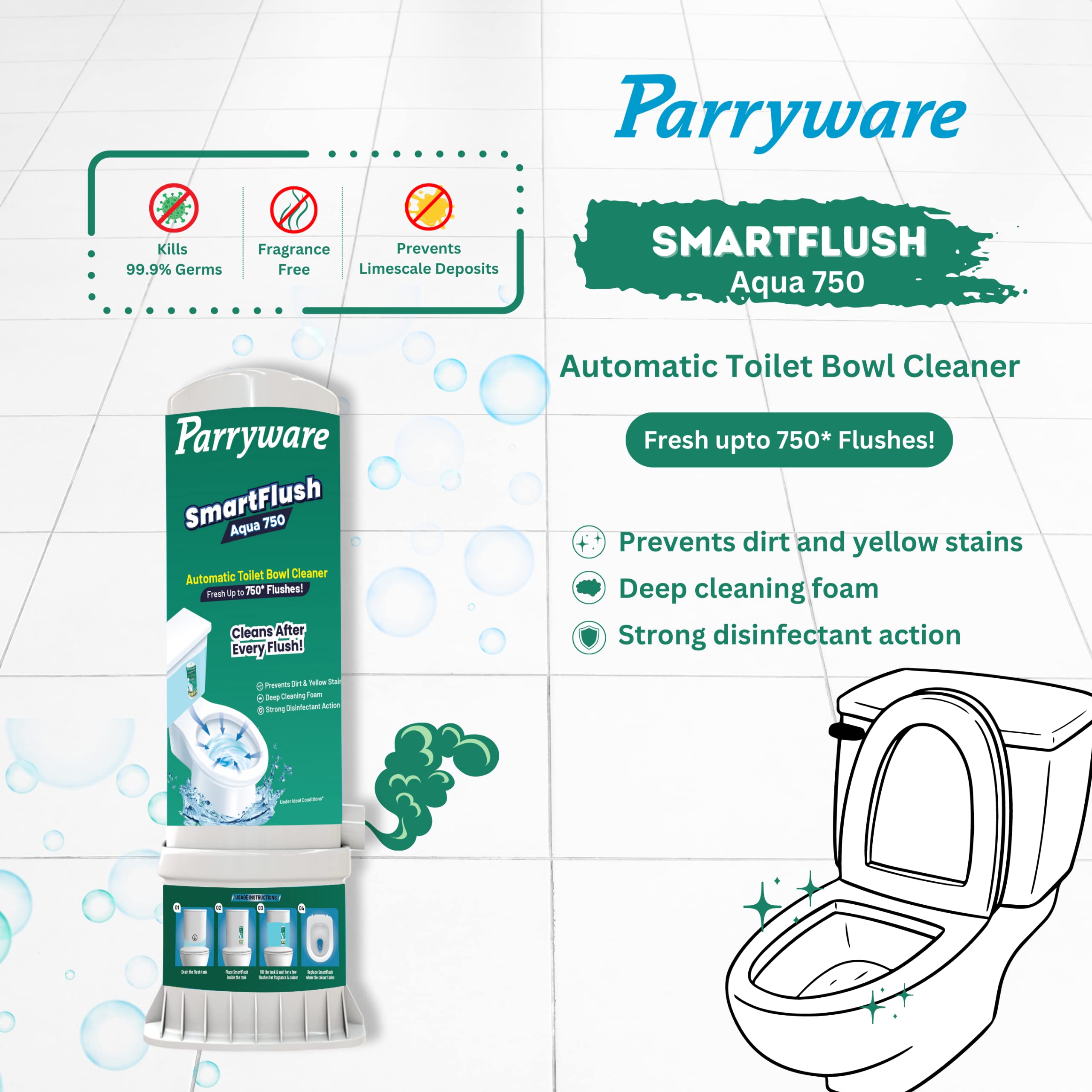 Parryware Smart Flush Aqua 750 Automatic Toilet Bowl Cleaner - Prevents Dirt & Yellow Stains, Kills 99.9% Germs | Fragrance-Free, Long-Lasting 750 Flushes (1-Pack) | Ideal for Homes, Offices & Commercial Restrooms