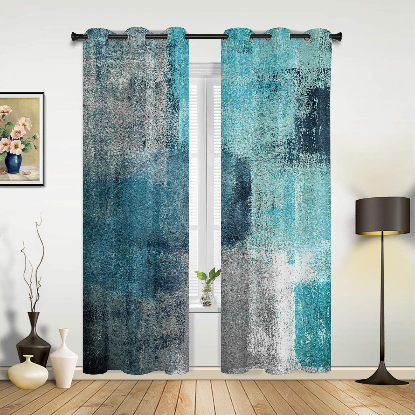 Teal Turquoise Sheer Curtains 90 Inches Long - Abstract Geometric Grey Window Drapes with Grommet Top, Light Filtering & Privacy, Set of 2 Panels (52W x 90L) for Living Room, Bedroom & Kitchen Decor