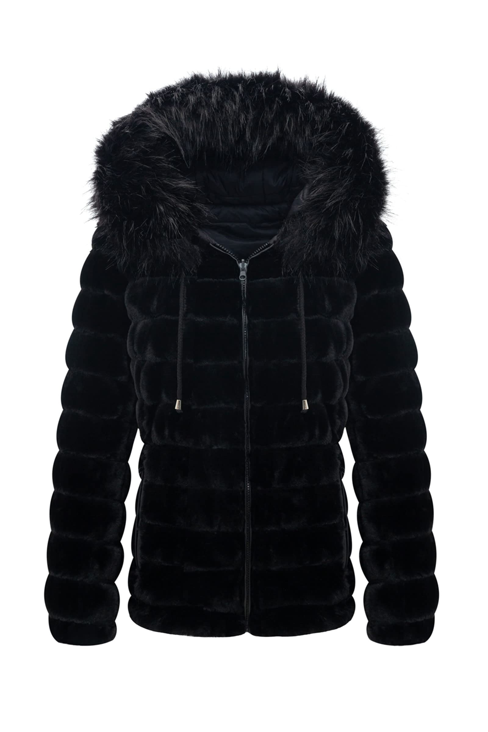 Bellivera Women's Reversible Faux Fur Jacket - Double Sided Winter & Spring Hooded Puffer Coat with Detachable Fur Collar | Warm Fashion Outerwear for Casual Outings & Cold Weather