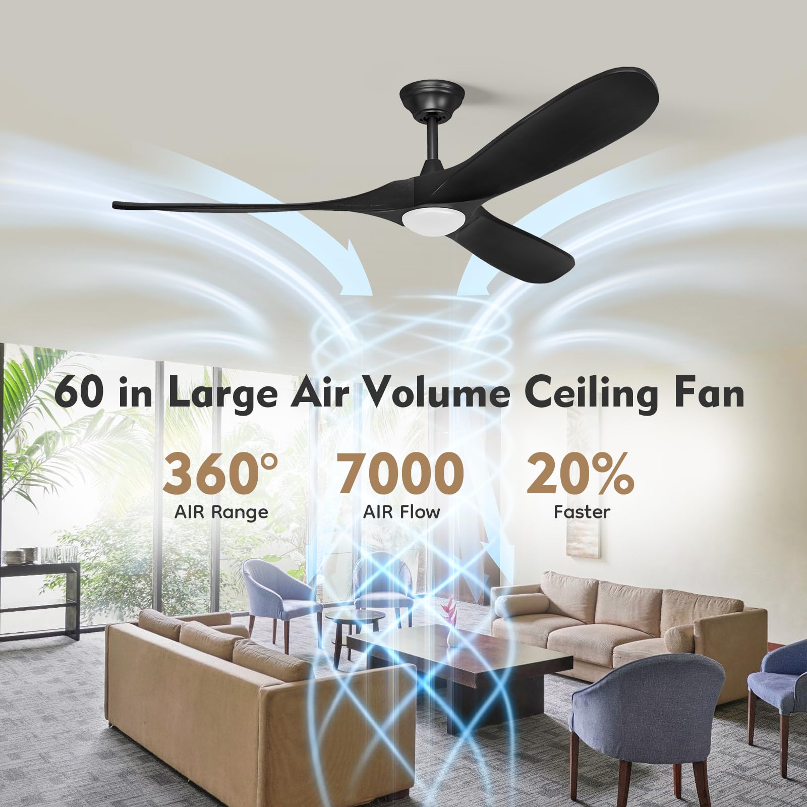60 Inch Black Farmhouse Rustic Ceiling Fan with Light - 3 Wood Blades, Quiet Reversible DC Motor, Indoor/Outdoor Wet Rated - Perfect for Patio, Porch, Living Room & Bedroom