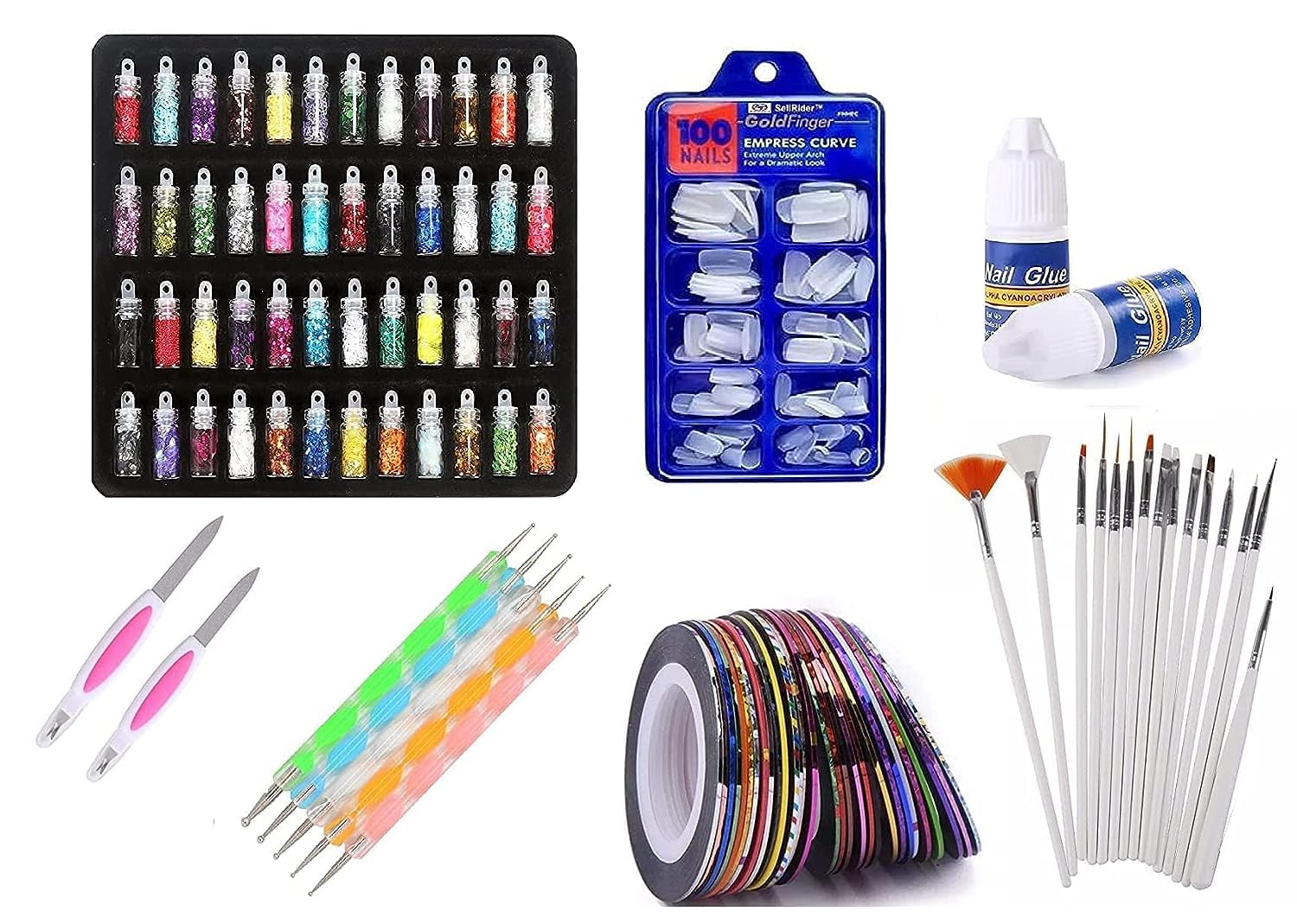 Fozzby 48-Piece Nail Art Kit with Glitter Stones, 100 Fake Nails, 10 Nail Tapes, 15 Brushes, 5 Dotting Pens & 2 Nail Files - DIY Manicure Set for Home, Salon & Party Nail Designs