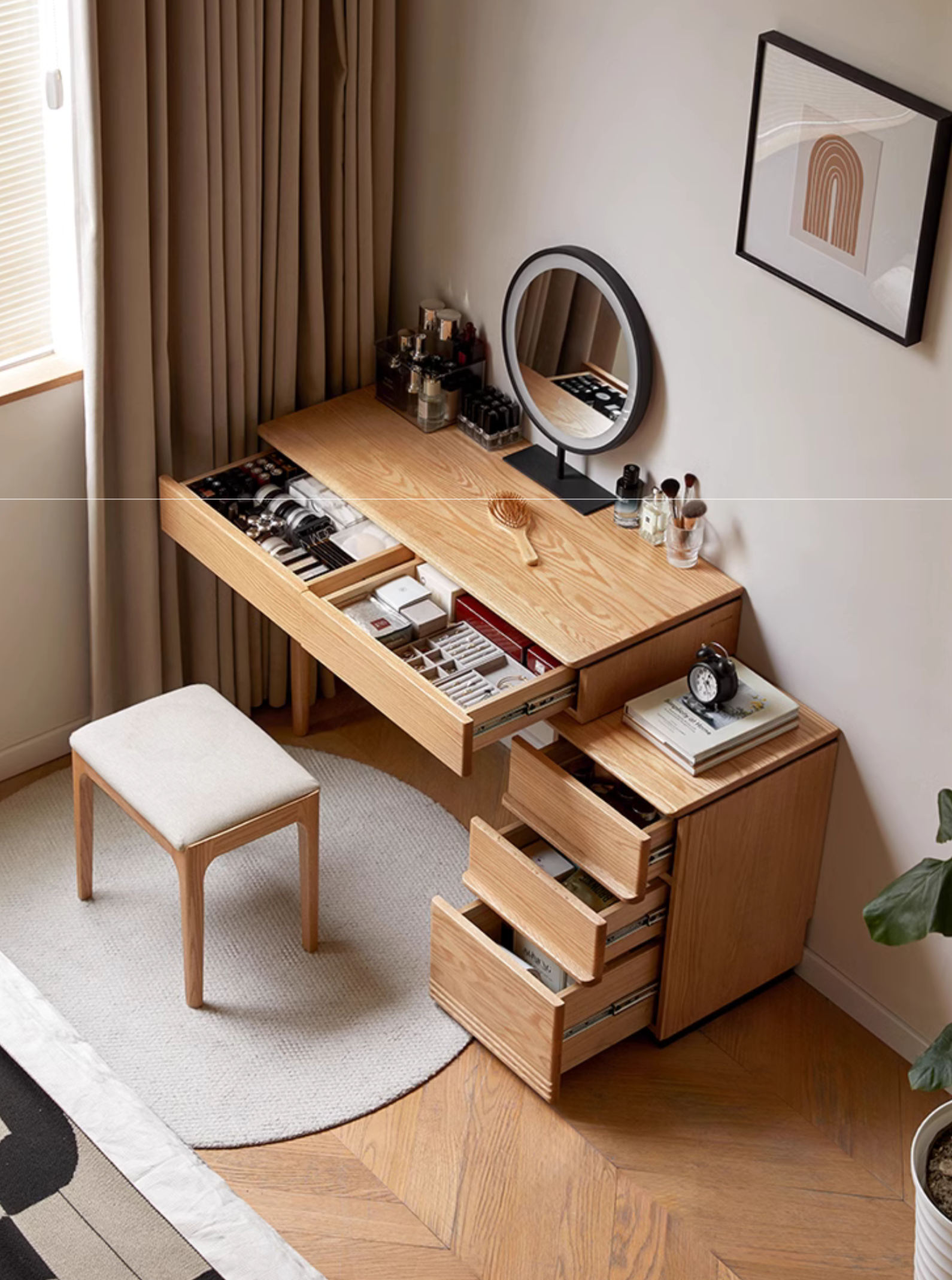 Modern Oak Solid Wood Retractable Dressing Table - Vanity Makeup Desk with Mirror for Bedroom & Home Decor