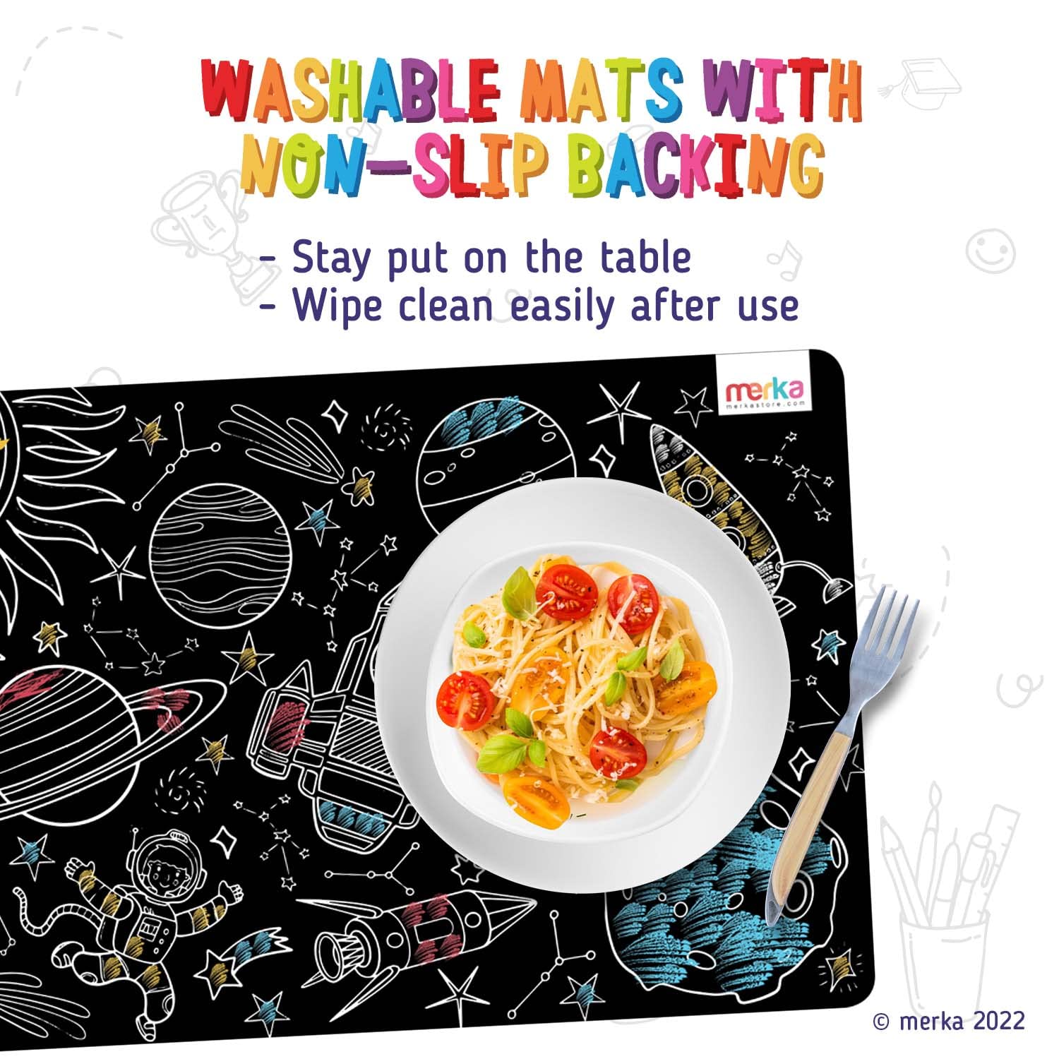 merka Kids Reusable Coloring Placemats Set of 4 - Space Theme with Astronauts, Spaceships & Alphabet - Includes 4 Colored Chalks | Perfect for Dining, Learning & Creative Play