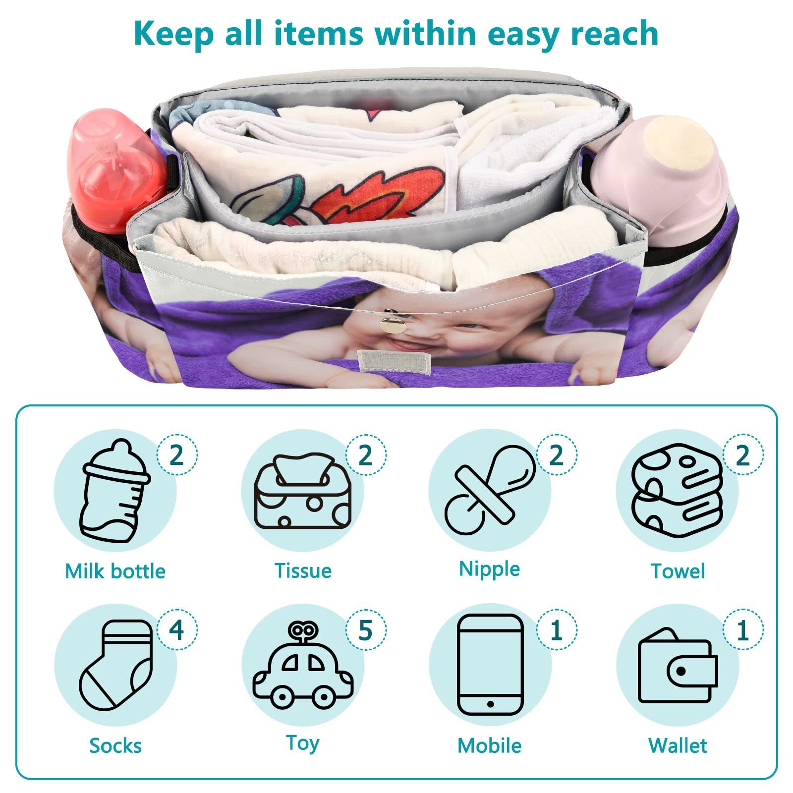 Customized Universal Stroller Organizer with 2 Cup Holders & Detachable Shoulder Strap - Personalized Baby Stroller Bag for Bottles, Diapers, Phones & Essentials | Perfect for On-the-Go Parents & Daily Strolls