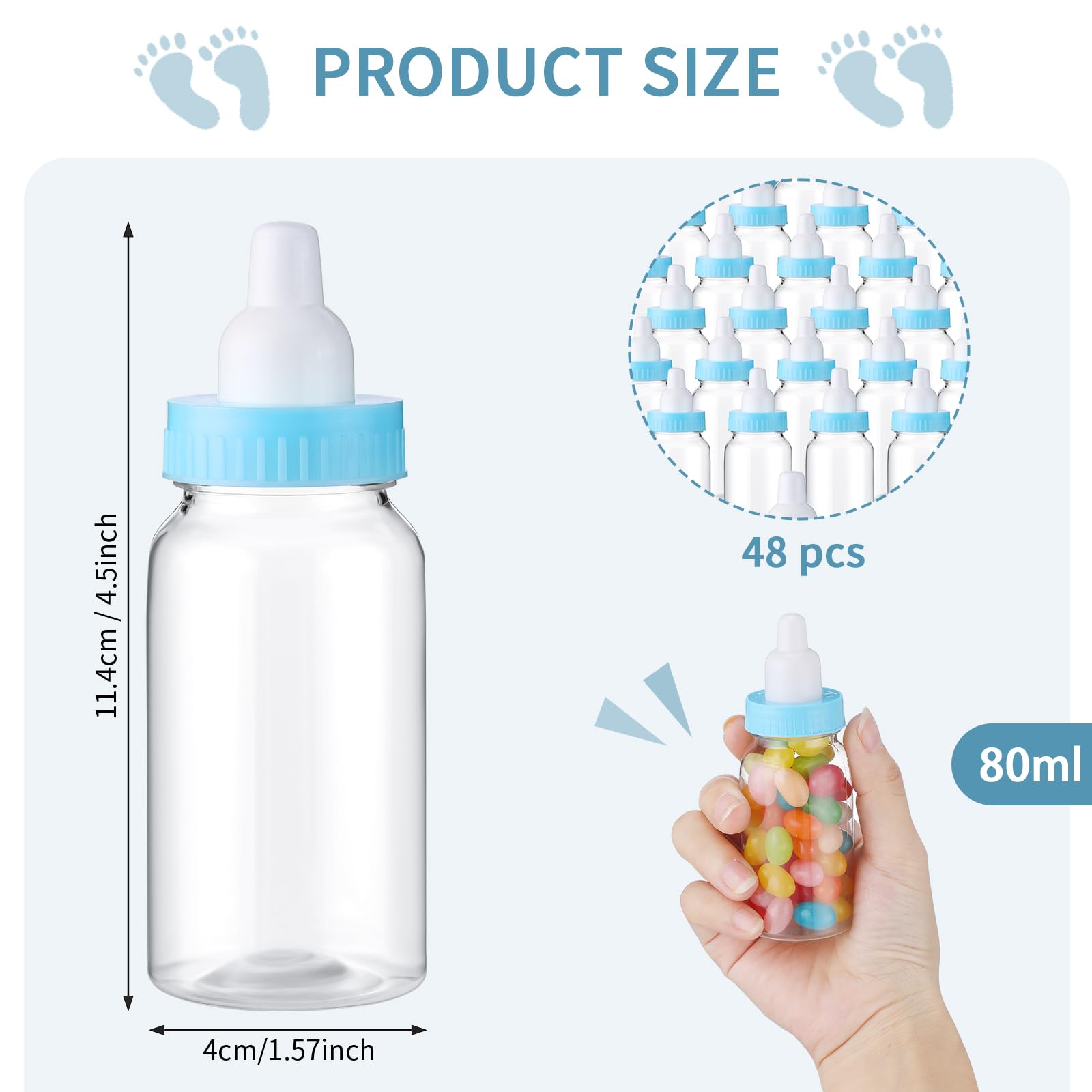 48 Pcs 4.5 Inch Mini Plastic Candy Bottles - Fillable Baby Shower Favors, Feeding Bottles for Party, Birthday, Baptism - Blue Removable Lids - Perfect for Newborn Celebrations, Candy Favors & Party Decorations