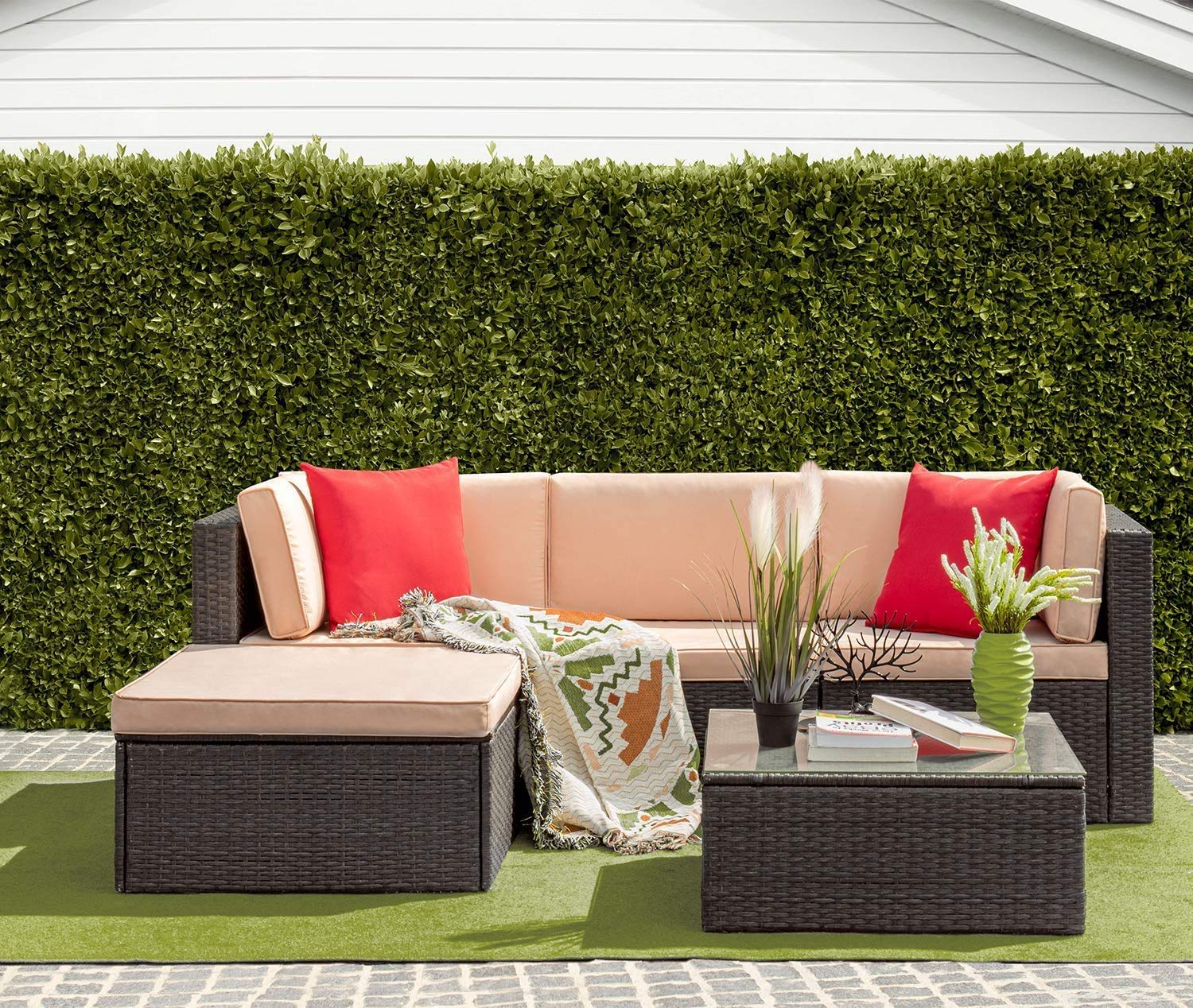 Furniwell 5-Piece Outdoor Sectional Sofa Set - Patio Wicker Rattan Conversation Set with Cushions, Pillows & Glass Coffee Table (Beige) - Perfect for Backyard, Garden, Poolside & Outdoor Lounge Areas