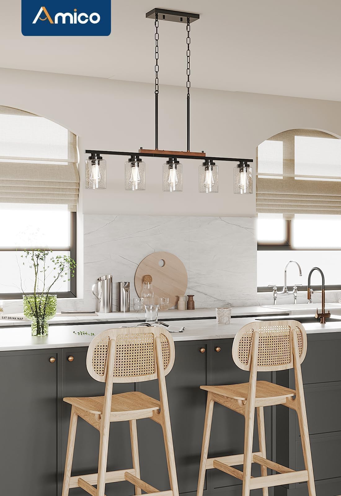 Amico 5-Light Adjustable Farmhouse Chandelier - Black Metal & Wood Kitchen Island Lighting with Seeded Glass Shades | Perfect for Dining Room, Kitchen Island, and Farmhouse Decor