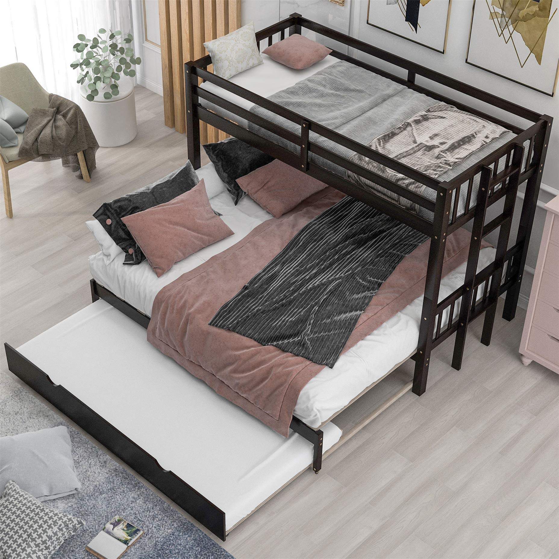 Twin Over Double Twin Bunk Bed with Trundle - Convertible 4-in-1 Wooden Bunk Bed with Ladder & Safety Rail in Espresso - Perfect for Kids' Bedroom, Guest Room or Small Space Saving Solution