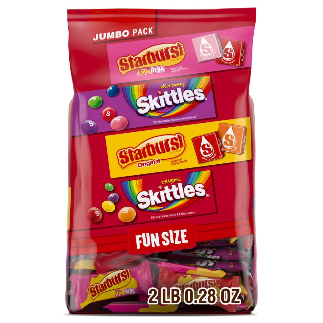Wrigley's Assorted Candy Variety Pack - SKITTLES Original, SKITTLES Wild Berry, STARBURST Original & FaveReds Fun Size Chewy Candies - 32.28 Oz Bulk Bag for Halloween, Parties, Office Snacks & Movie Nights