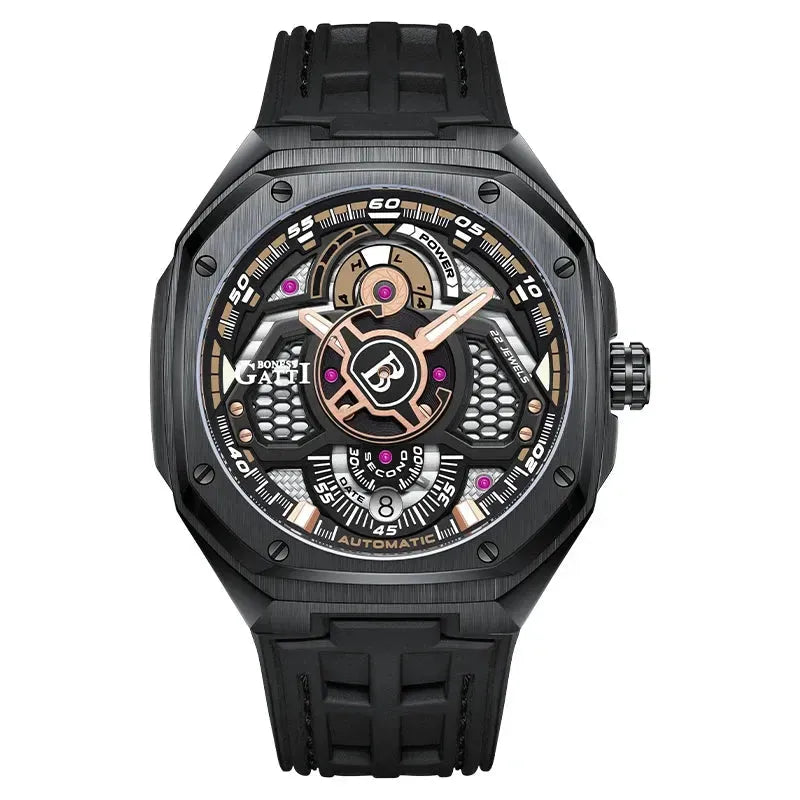 BONEST GATTI Men's Automatic Mechanical Watch - 50M Waterproof, Sapphire Crystal, Luminous Hands, Fluororubber Strap with Power Reserve Display | Perfect for Business, Casual Wear & Outdoor Activities