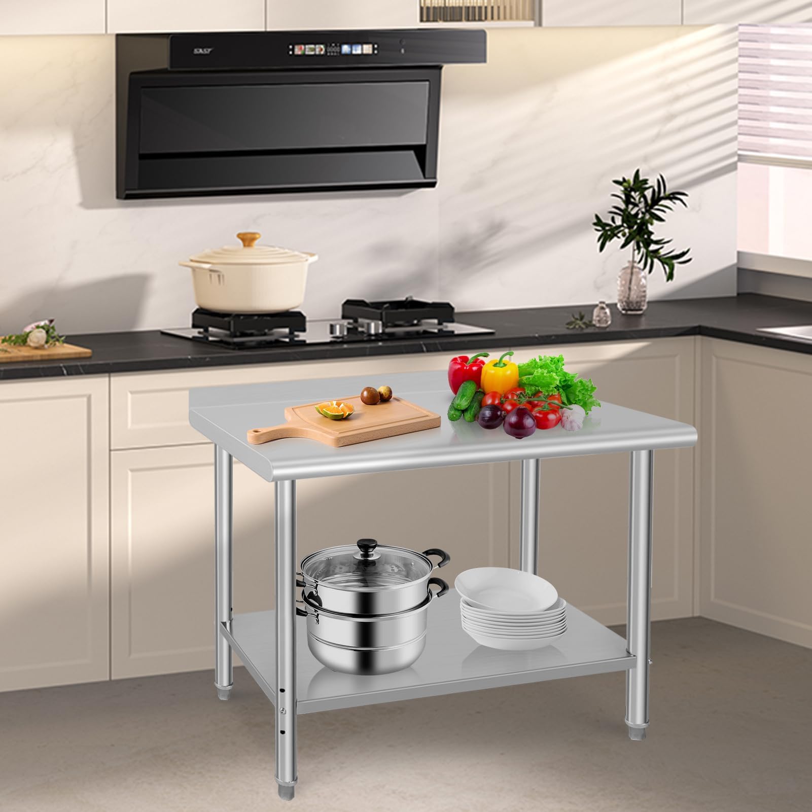 48x24x35 Inch Stainless Steel Commercial Prep Table with Backsplash - Heavy Duty Metal Kitchen Work Table for Restaurant, Home & Hotel Use - Perfect for Food Prep, Cooking & Baking