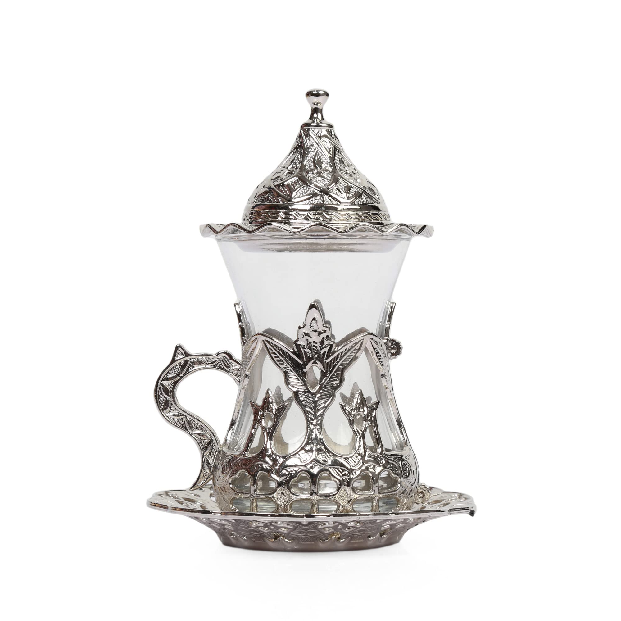 Handmade Turkish Tea Set of 6 - Silver Zamzam Glasses with Saucers - Traditional Middle Eastern Tea Serving Set for Home, Restaurant & Gift Giving