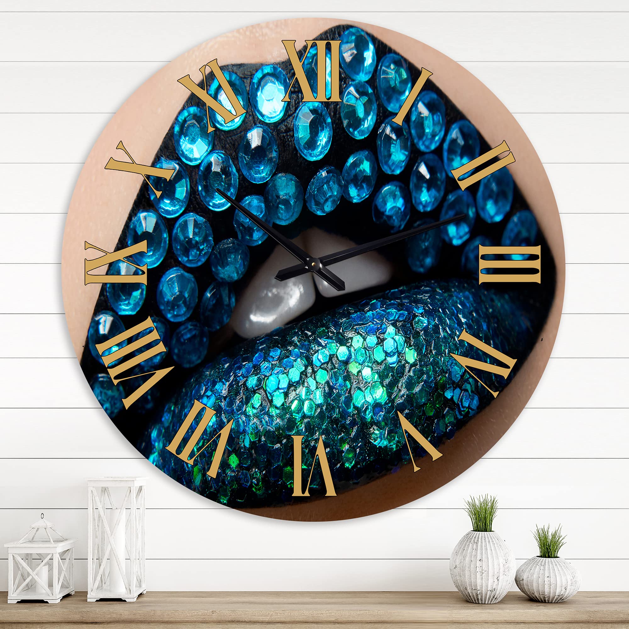 DesignQ Modern Wall Clock - 'Female Lips with Black Lipstick & Blue Diamonds' Large 36x36 Inch Decorative Clock for Kitchen, Living Room, Bedroom & Office | Unique Home Decor Gift Idea