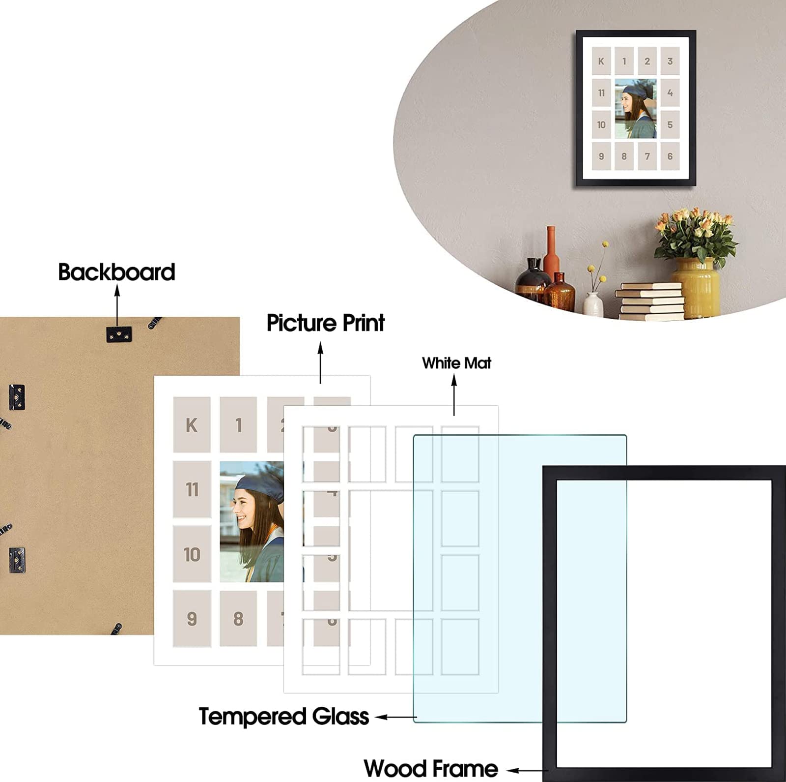 Golden State Art 12x16 Black Wood Picture Frame with 13 Opening White Mat - Holds One 5x7 Photo and Twelve 2.5x3.5 Pictures - Collage Photo Frame with Real Glass - Perfect for Displaying Trading Cards, Family Photos, and Artwork - 2 Pack Wall Decor for Living Room, Bedroom, or Office