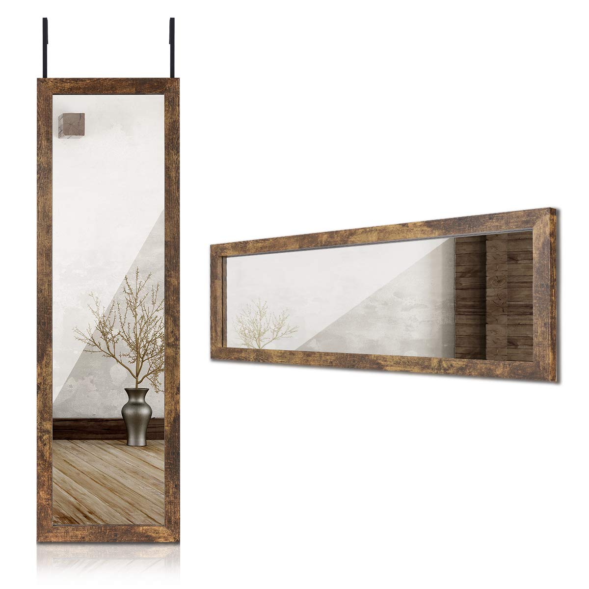 Sunix 48x14 Inch Full Length Wall Mirror with Rustic Wood Frame - Hanging Door & Body Mirror for Bedroom, Living Room, Entryway & Dressing Area