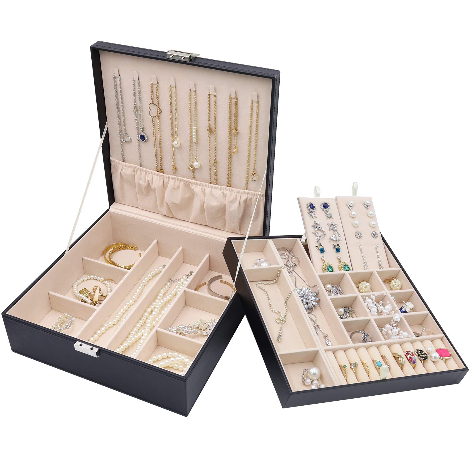 ProCase Large Leather Jewelry Organizer Box for Women - 2 Layer Jewelry Storage Case with Display for Earrings, Bracelets, Rings & Watches - Perfect Gift for Girlfriend, Wife or Daughter - Home & Travel Use