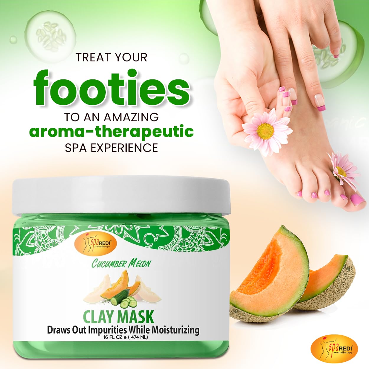 SPA REDI - Cucumber & Melon Clay Mask (16 Oz) - Deep Cleansing Body & Pedicure Treatment | Pore Purifying, Detoxifying & Hydrating Facial Mask for Glowing Skin | Perfect for Spa Days & At-Home Self Care Routines