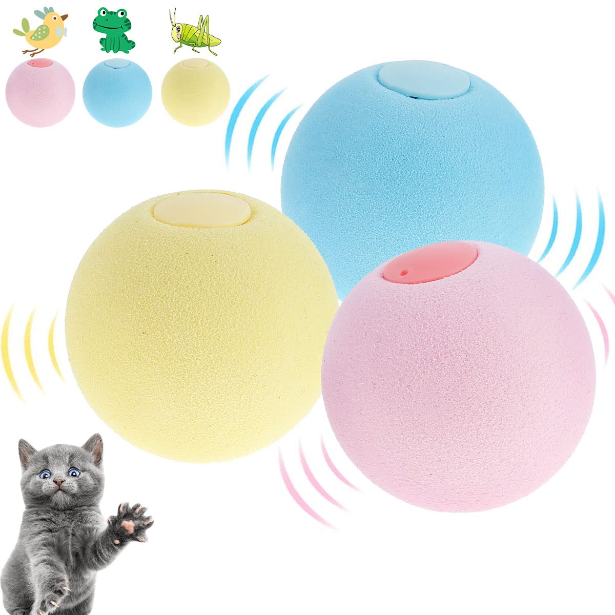 ENAMAZ 3-Pack Interactive Cat Toys with Squeaky Balls, Smart Trigger & Real Animal Sounds - Battery Operated Catnip Balls for Indoor Play, Exercise & Mental Stimulation - Durable Kitten Toys for Home Entertainment & Bonding (3Pcs)
