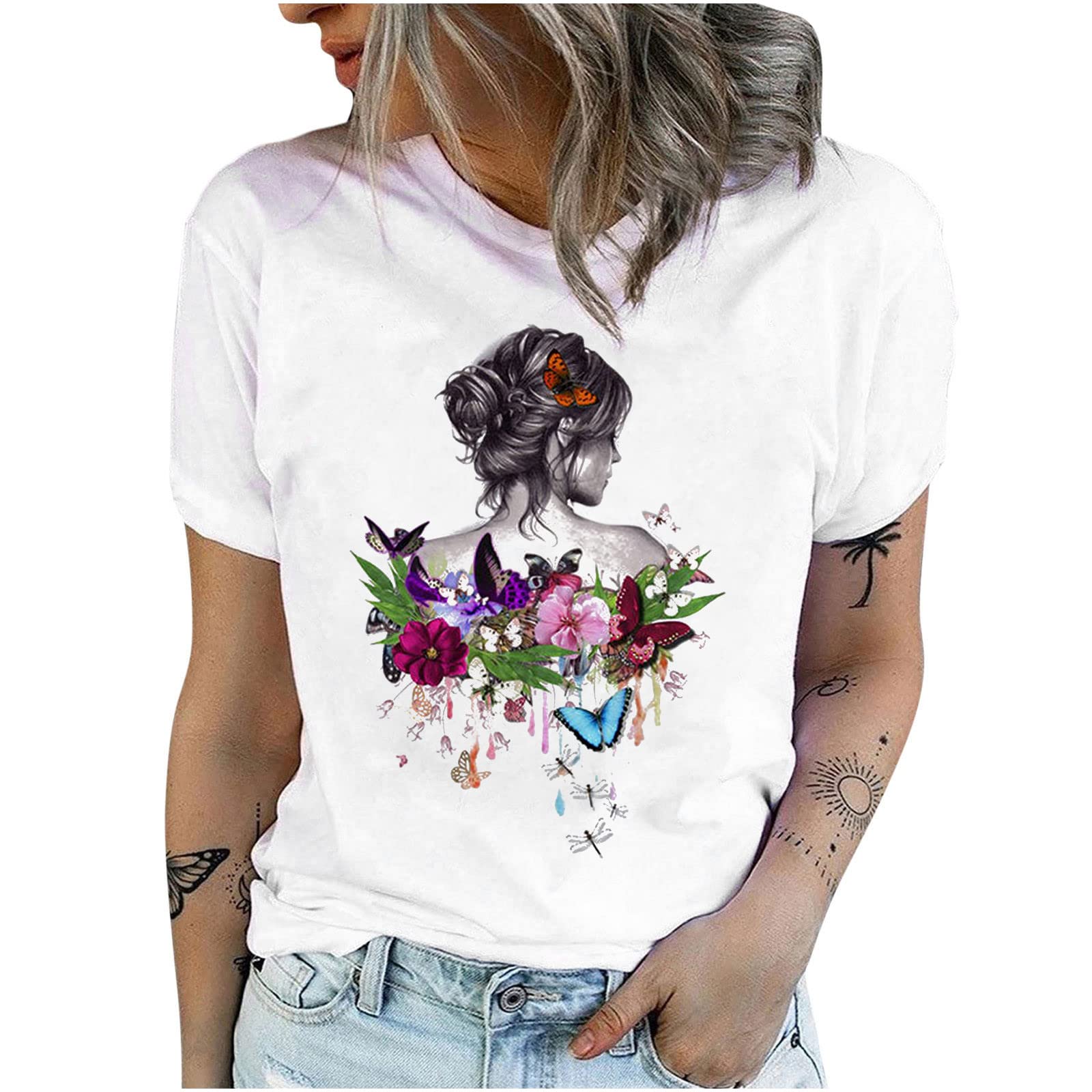 HRAPDA Women's Short Sleeve Butterfly Print Blouse - Trendy Crewneck Graphic Tee Tunic for Casual Summer Outfits, Workwear & Date Night Looks