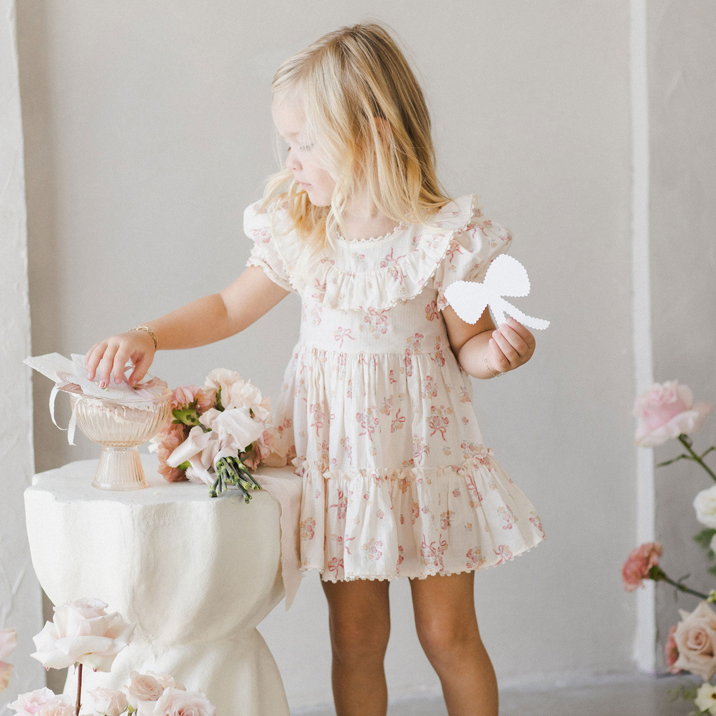 Eva Dress with Bow - Floral Ditsy Print - Natural Cotton Fabric - Perfect for Casual Outings, Parties, and Summer Events