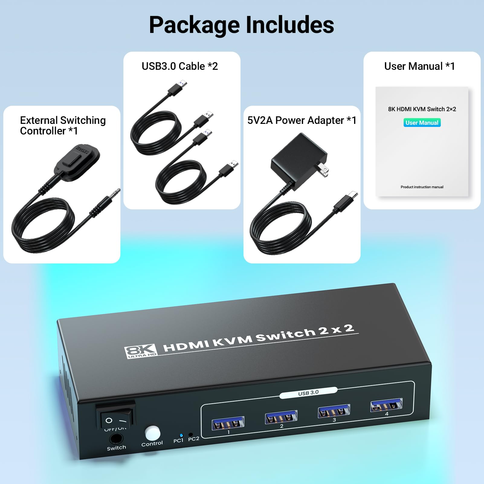 8K HDMI KVM Switch 2 Port 2 Monitor - 4K 120Hz USB 3.0 Dual Monitor KVM Switcher for 2 PCs Sharing 2 Monitors, Keyboard, Mouse & Peripherals | Perfect for Home Office, Gaming Setup & Multi-Computer Workstations