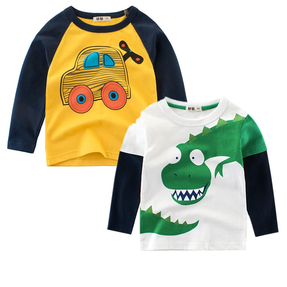 Dinosaur & Car Print Boys' Long Sleeve Cotton T-Shirt 2-Pack Set | Soft Kids' Top for Toddlers 2-7T | Perfect for Playdates, School & Everyday Wear