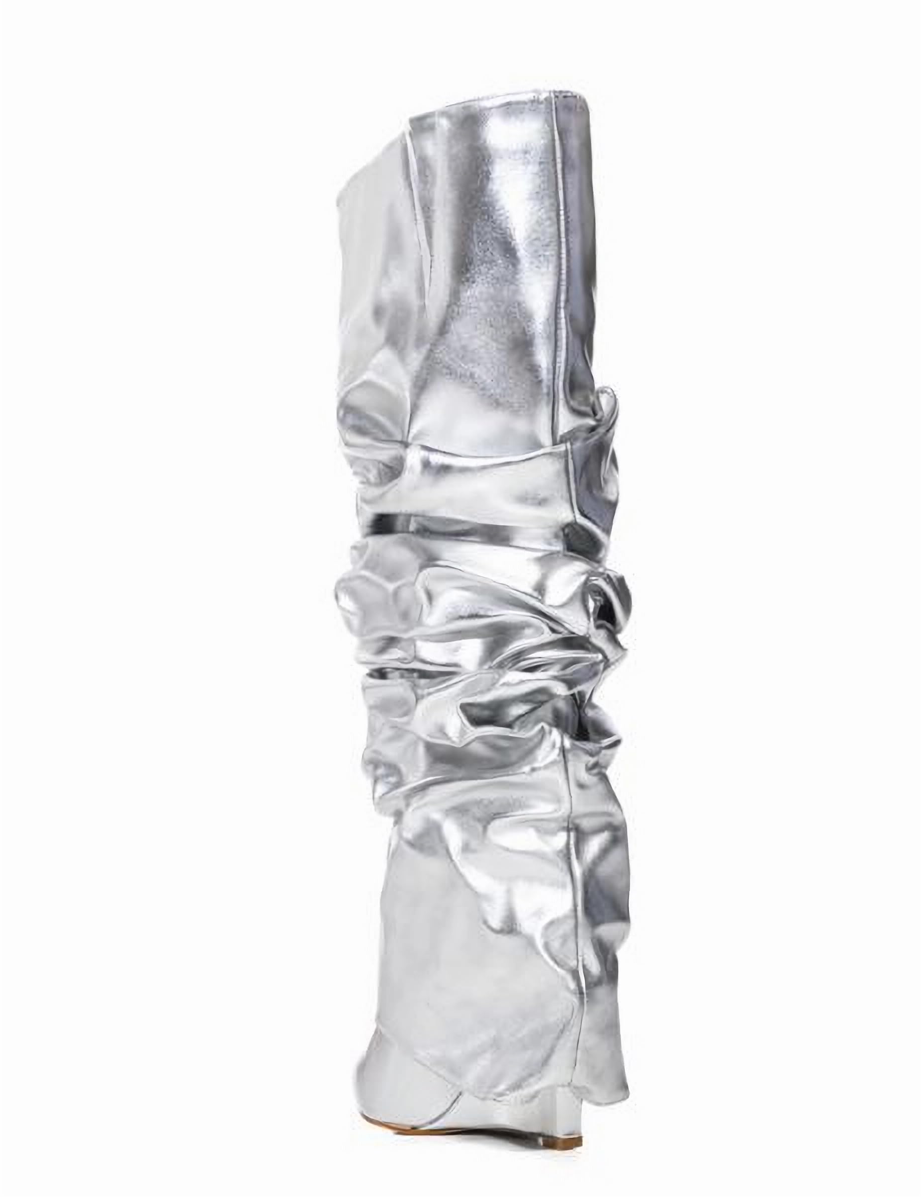 Women's Fold Over Ruched Slouchy Pleated Knee High Shark Boots with Wedge Heel & Pointed Toe - Pull On Wide Calf Boots for Casual Outfits, Date Nights & Winter Fashion