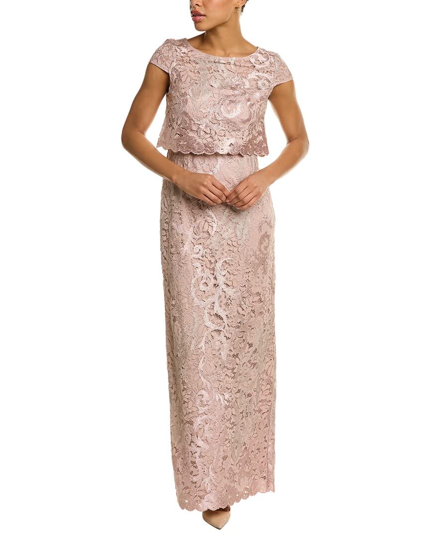 Adrianna Papell Embroidered Lace Long Pop Over Mob Column Gown - Elegant Formal Dress for Evening Parties, Weddings & Special Occasions