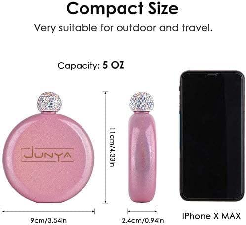 Stylish Pink Glitter Liquor Flask for Women - 5 oz Junya 304 Stainless Steel with Rhinestone Cap | Perfect for Parties, Travel, BBQs & Night Out Drinking Accessories