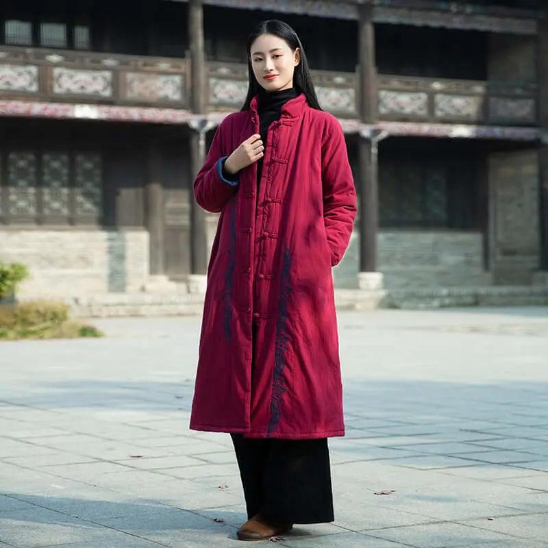 Burgundy Linen Cotton Blend Winter Coat for Women - Warm Padded Jacket with Hood for Cold Weather, Outdoor Activities & Casual Wear