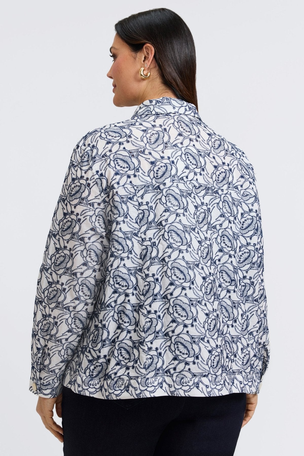 Thelma Plus Size Allover Eyelet Long Sleeve Denim Jacket for Women - Stylish Casual Wear for Spring & Fall Outfits