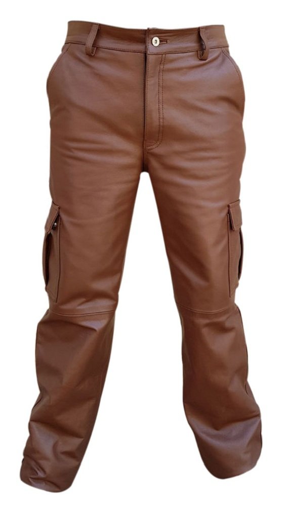 Men's Genuine Brown Cow Leather Cargo Pants - 6 Pocket Utility Jeans with Full Lining | Durable Workwear & Outdoor Adventure Pants