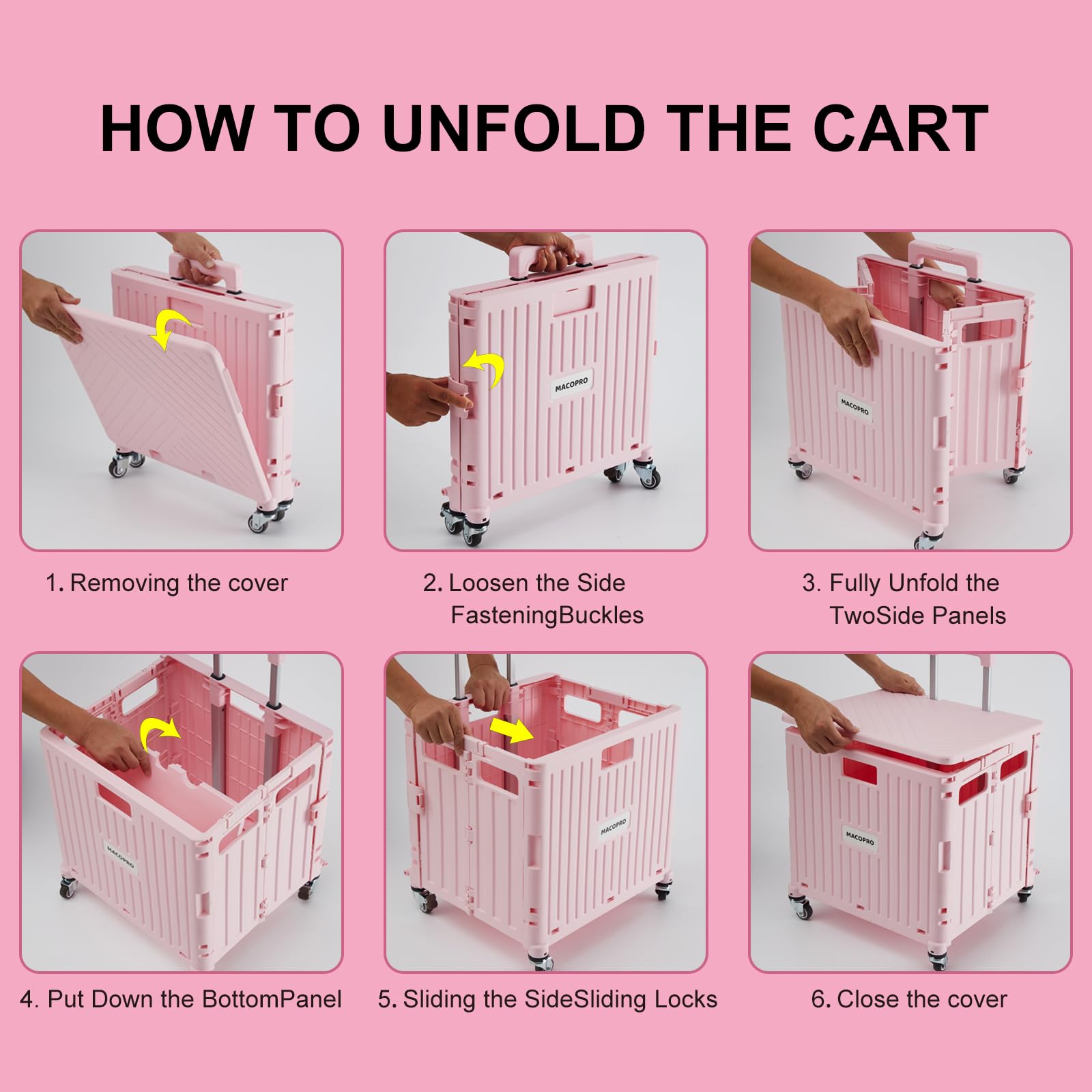 Foldable Utility Cart with Lid & 4 Rotating Wheels - Portable Rolling Handcart for Grocery Shopping, Office Supplies & Teacher Storage | Collapsible Trolley Basket for Home, School & Workplace (Pink)