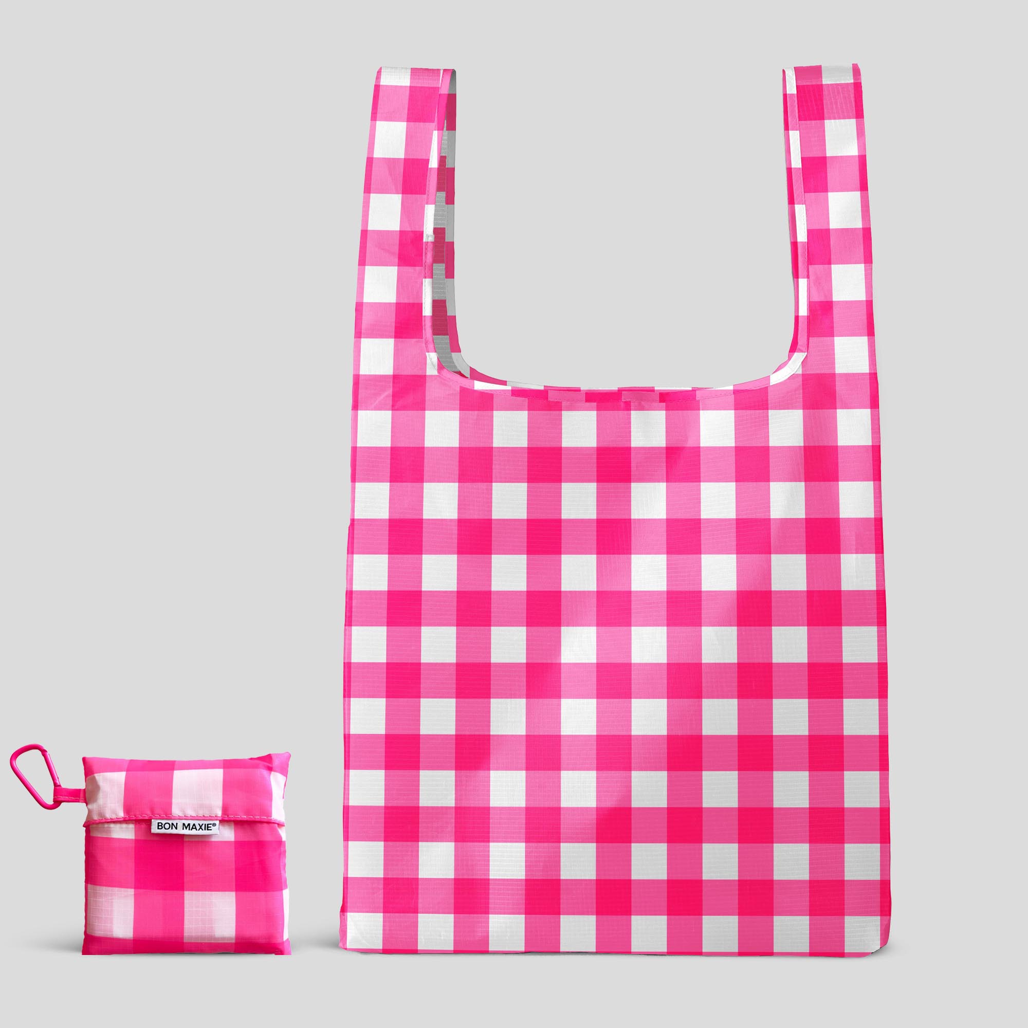 Eco-Friendly Reusable Shopping Bags - 2 Pack with 2 Sizes (Small & Large) - Stylish Neon Pink Gingham Pattern - Perfect for Groceries, Beach Trips & Farmers Markets